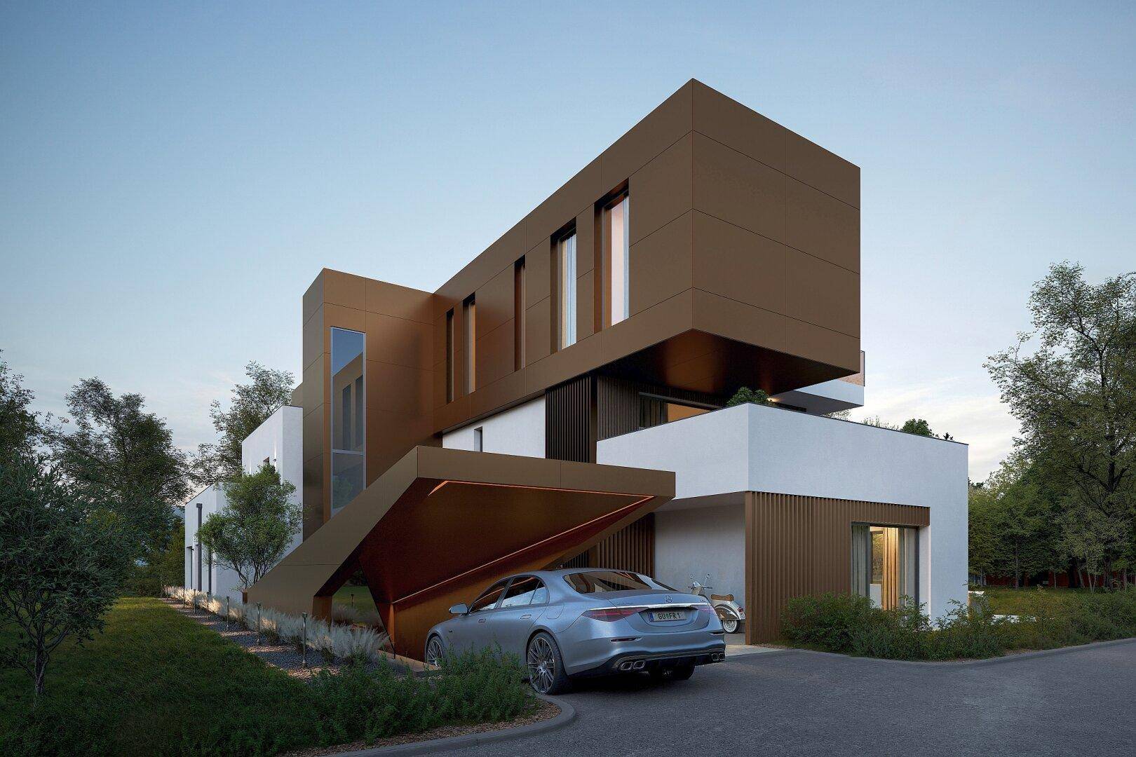 Modernes Einfamilienhaus mit markanter Architektur, integriertem Carport und gepflegter Auffahrt.