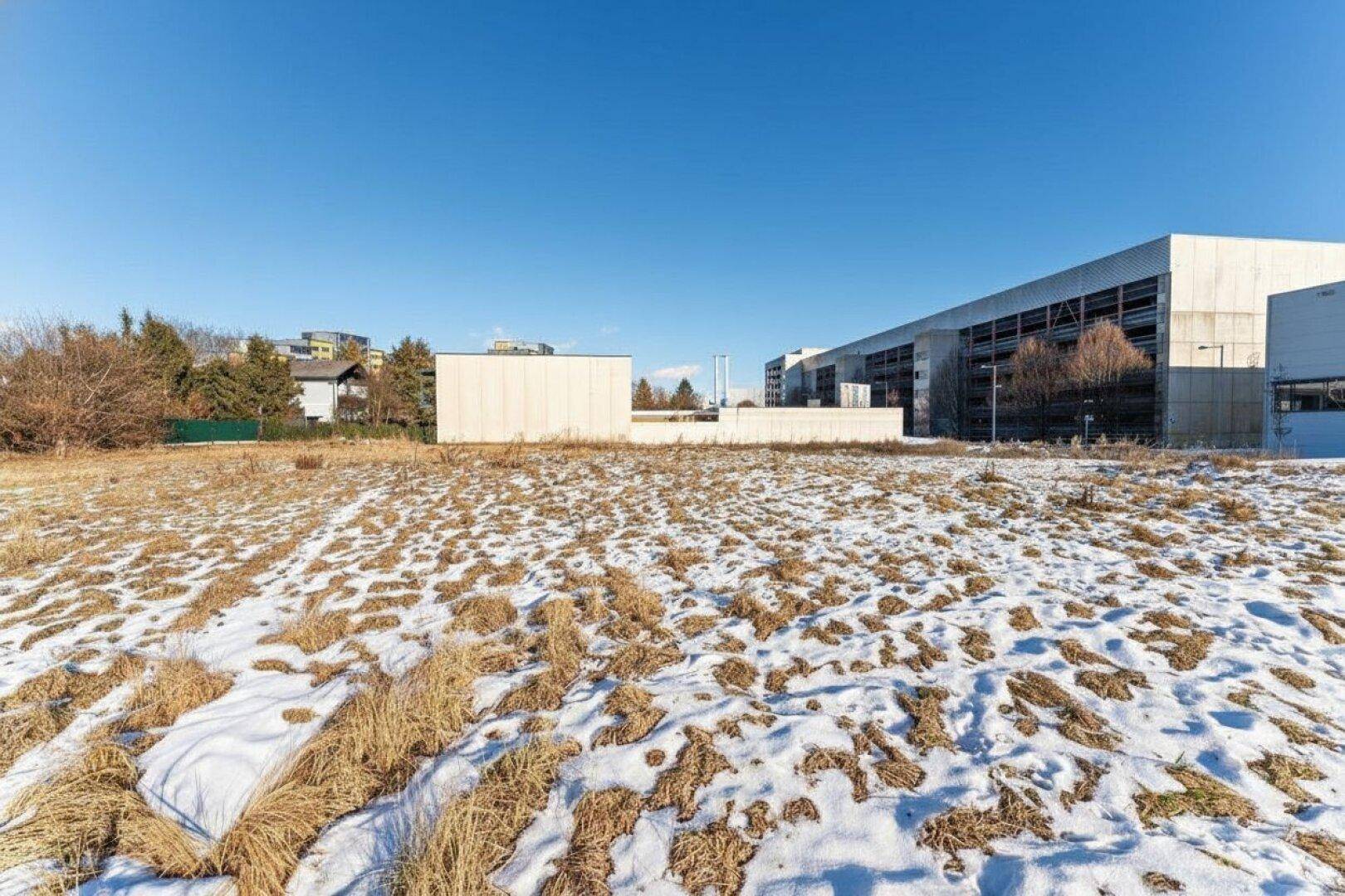 Weites Feld mit Schneeresten und trockener Vegetation, im Hintergrund große moderne Gebäude unter blauem Himmel.