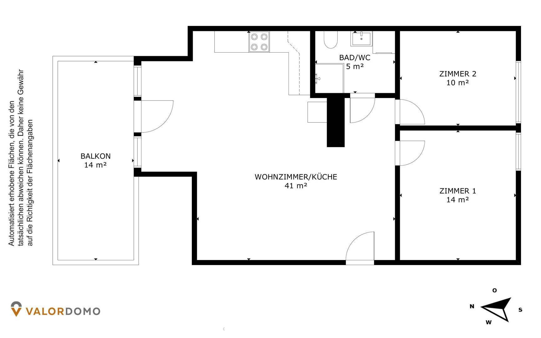 Grundriss der Wohnung mit Wohnzimmer, Küche, zwei Zimmern und Balkon.