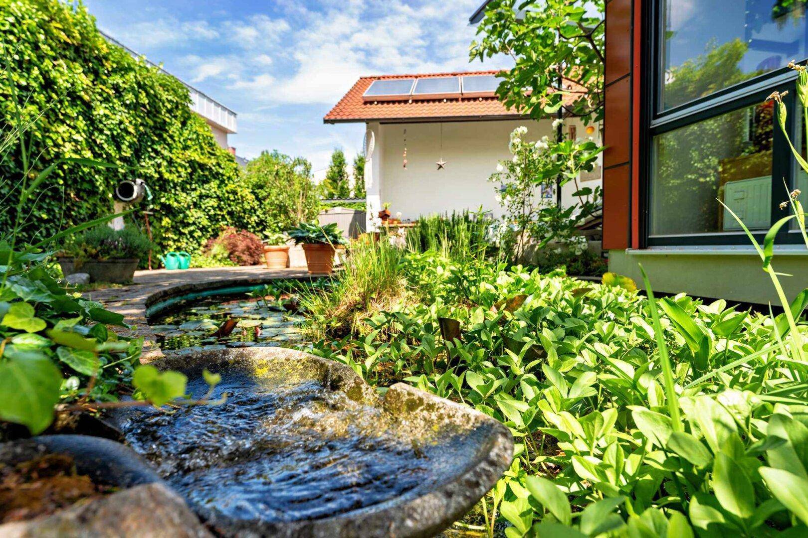 Detailansicht des Gartenteichs mit sprudelndem Wasser und vielfältiger Uferbepflanzung.