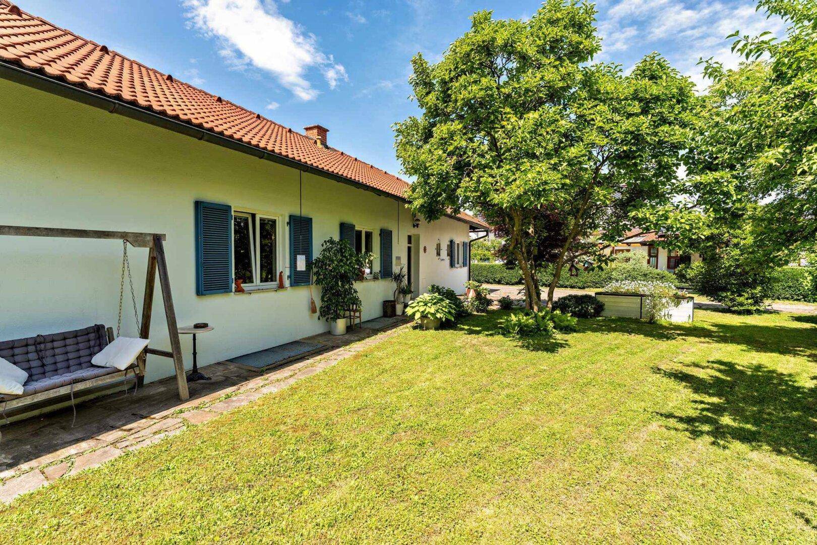 Gepflegter Rasenbereich mit Bäumen und einer Schaukel, neben der Hausfassade.