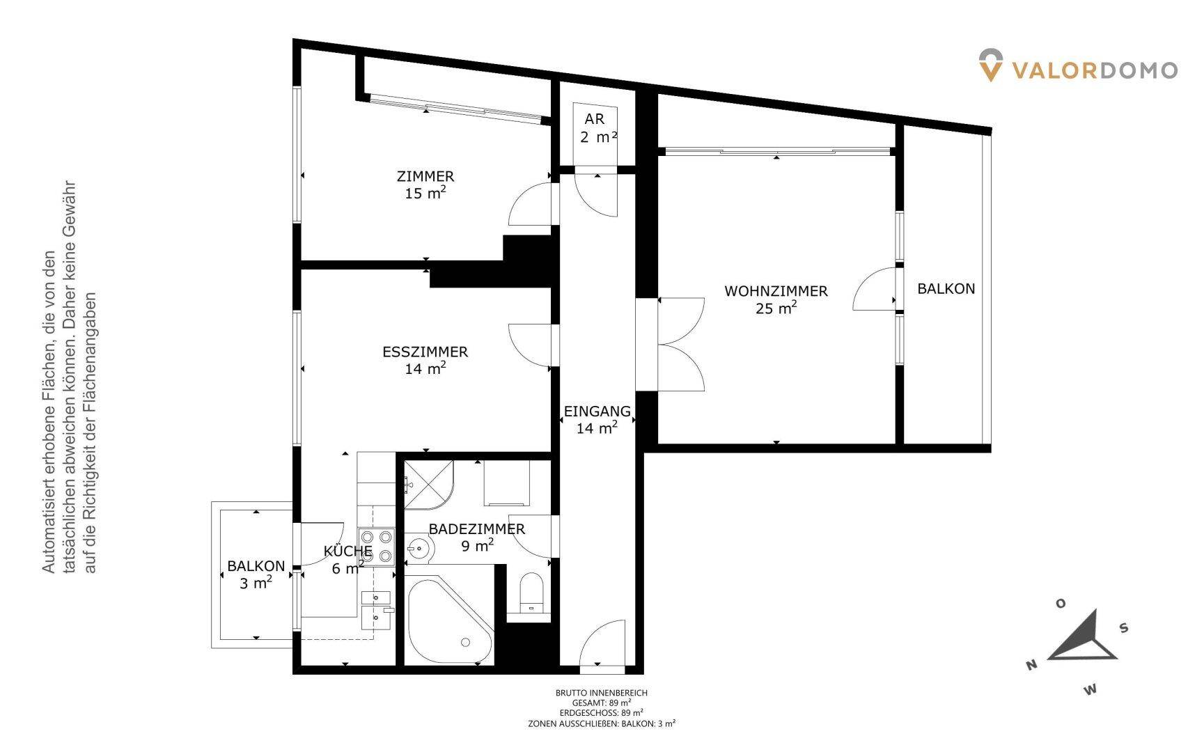 Grundriss einer Wohnung mit Zimmern, Esszimmer, Wohnzimmer, Küche und zwei Balkonen.