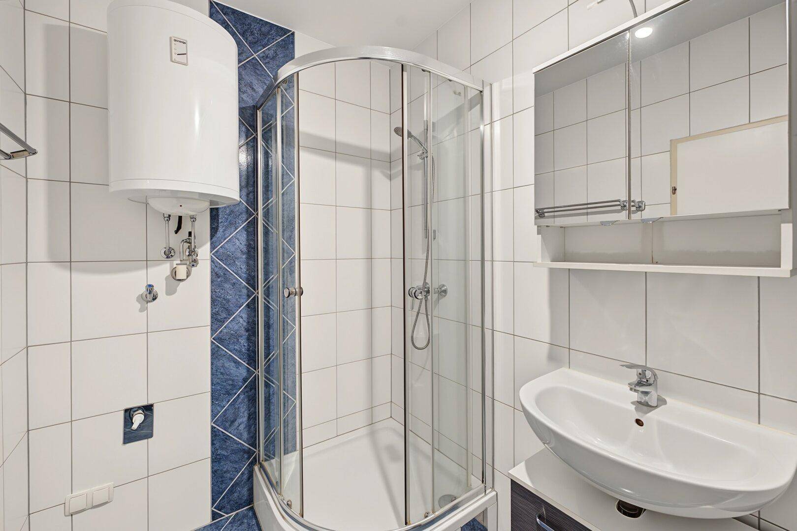 Badezimmer mit Duschkabine, Waschbecken und weiß-blauen Fliesen.