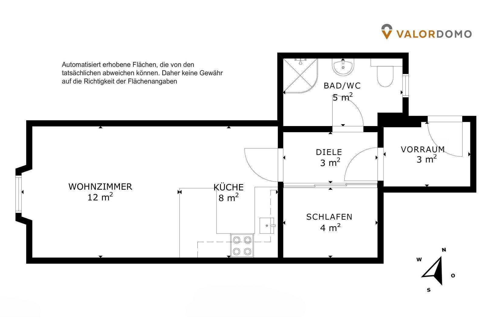 Grundriss der Wohnung mit Wohnzimmer, Küche, Schlafzimmer und Bad/WC.