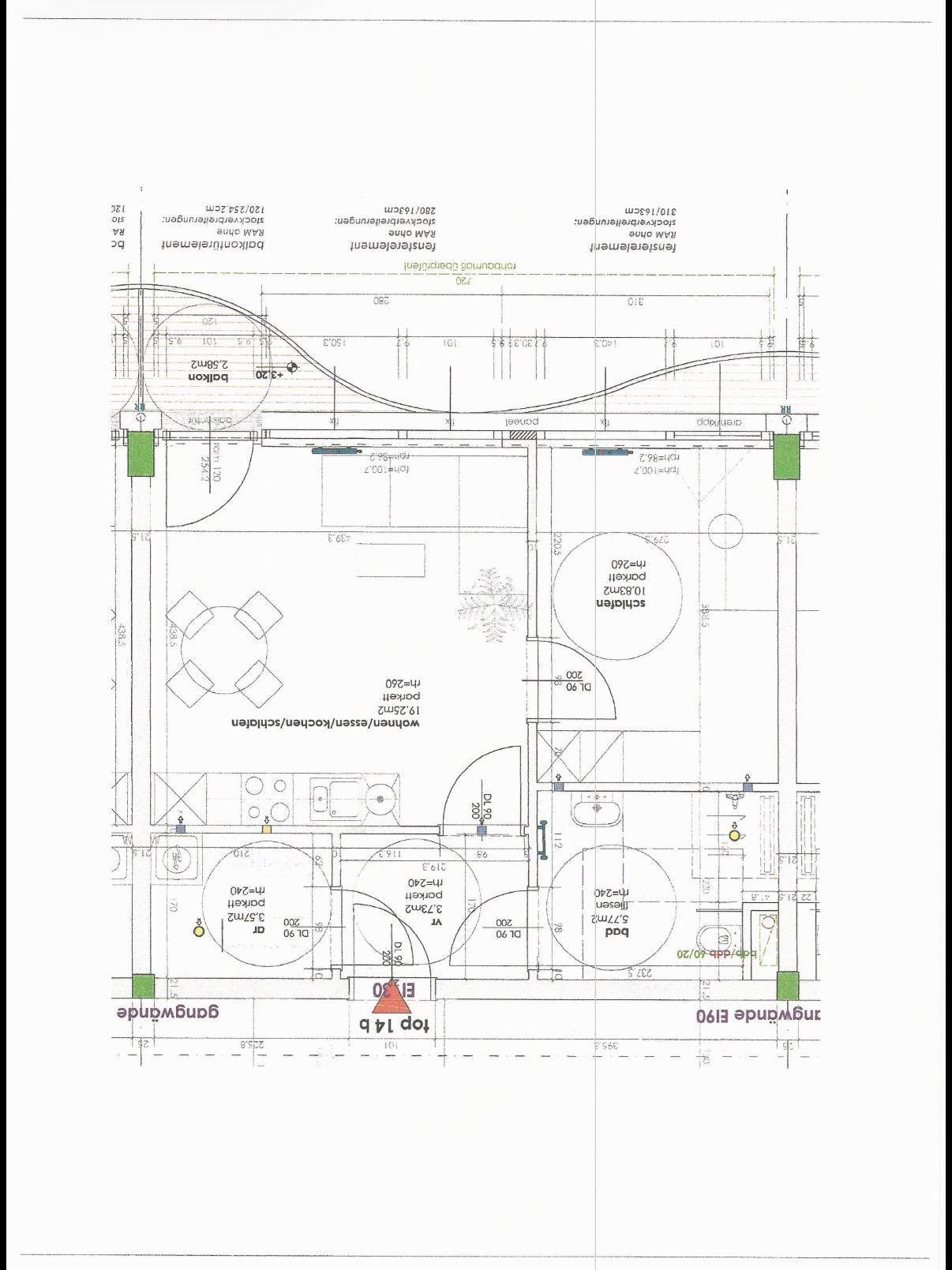 Grundriss einer Wohnung mit offenem Wohnbereich, zwei Bädern und Balkon.