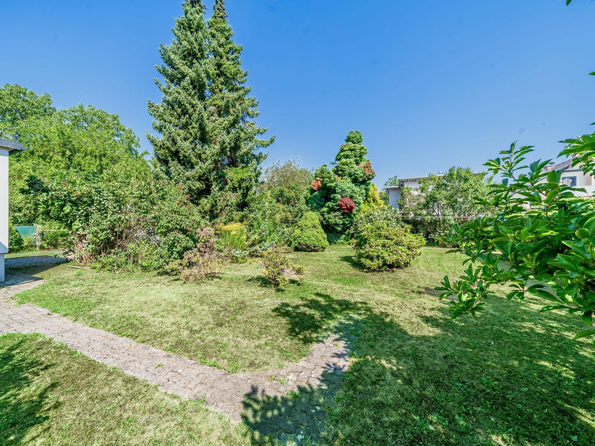 Gepflasterter Gartenweg führt durch die grüne Rasenfläche mit vielfältiger Bepflanzung.