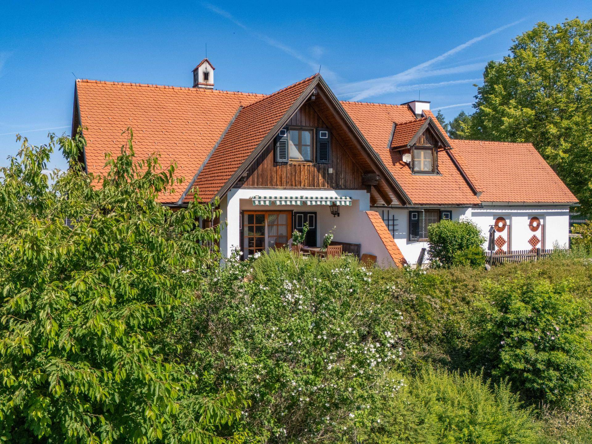 Rückansicht des Hauses mit einer Terrasse, Markise und üppiger grüner Bepflanzung.