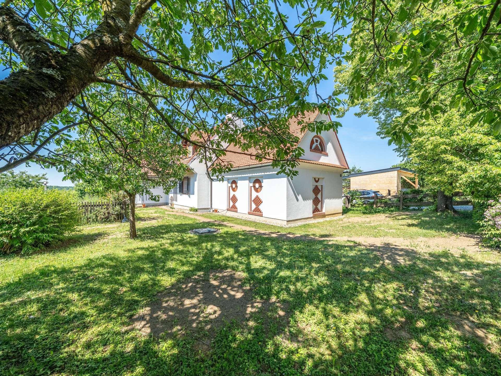 Sonnige Gartenfläche mit Rasen, Obstbäumen und dem Haus im Hintergrund.