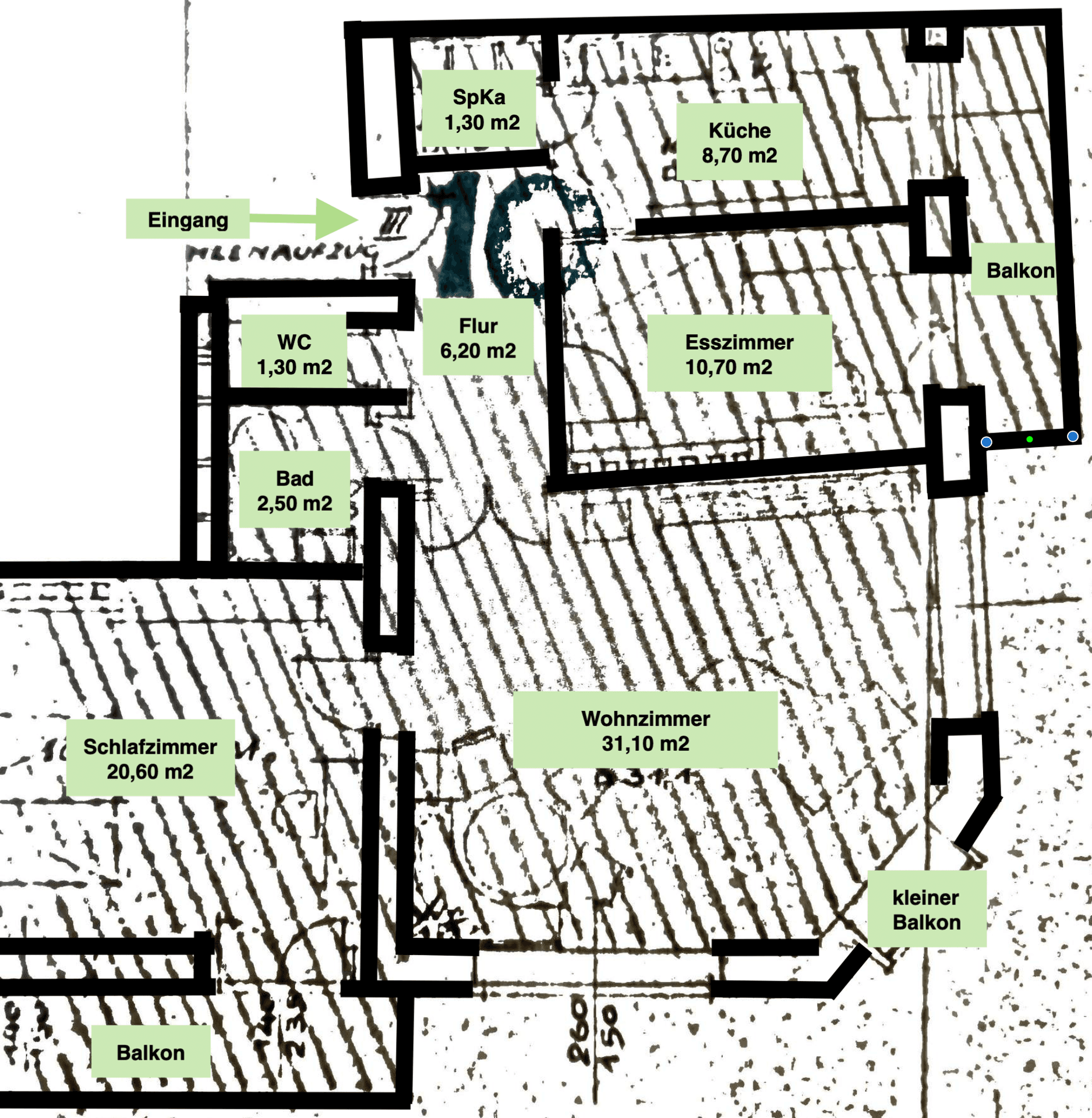 Grundriss mit Raumaufteilung und Flächenangaben für die Wohnung.