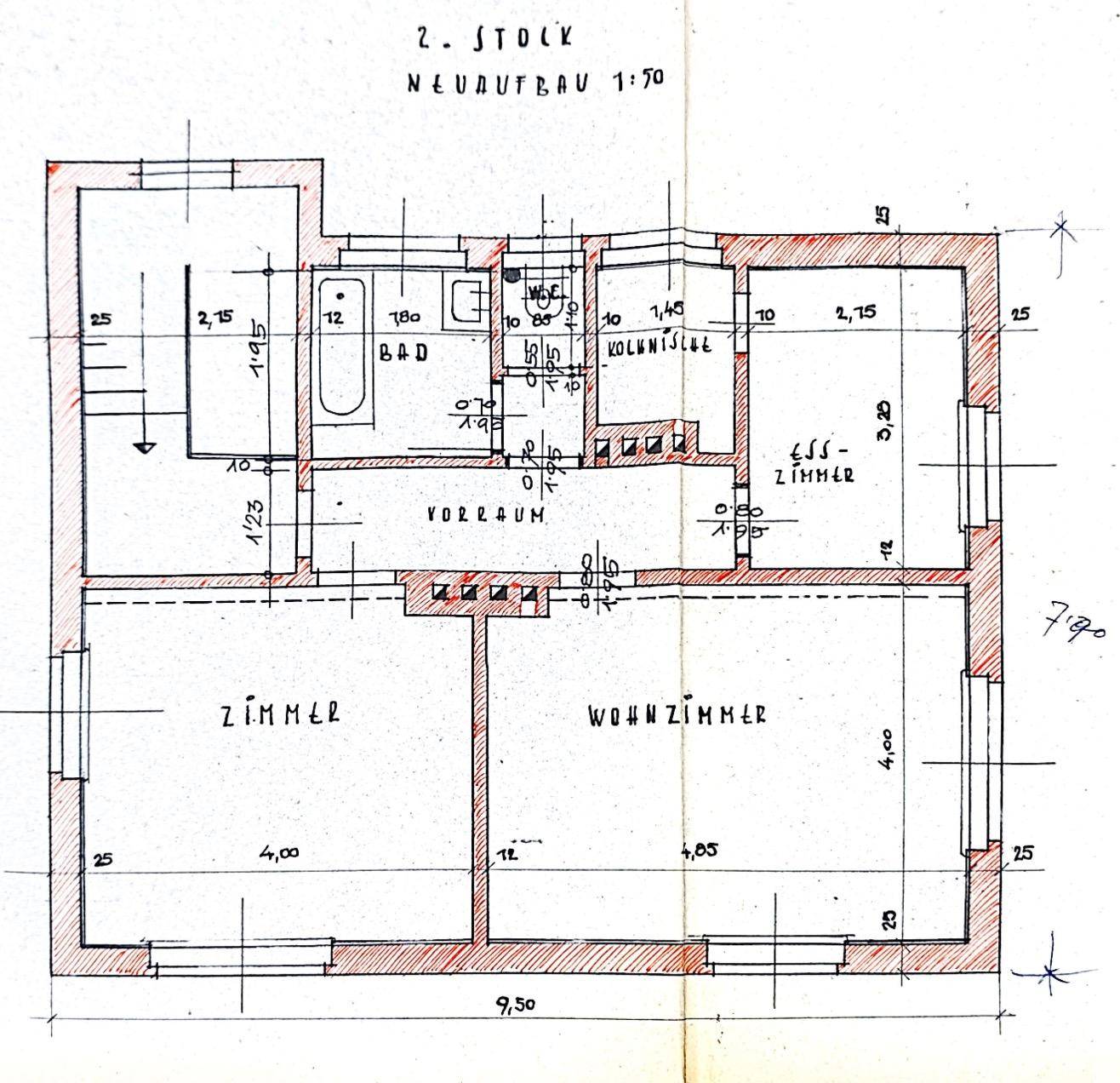 Grundriss des zweiten Stocks als Neuaufbau mit Wohnzimmer, Esszimmer und Bad.