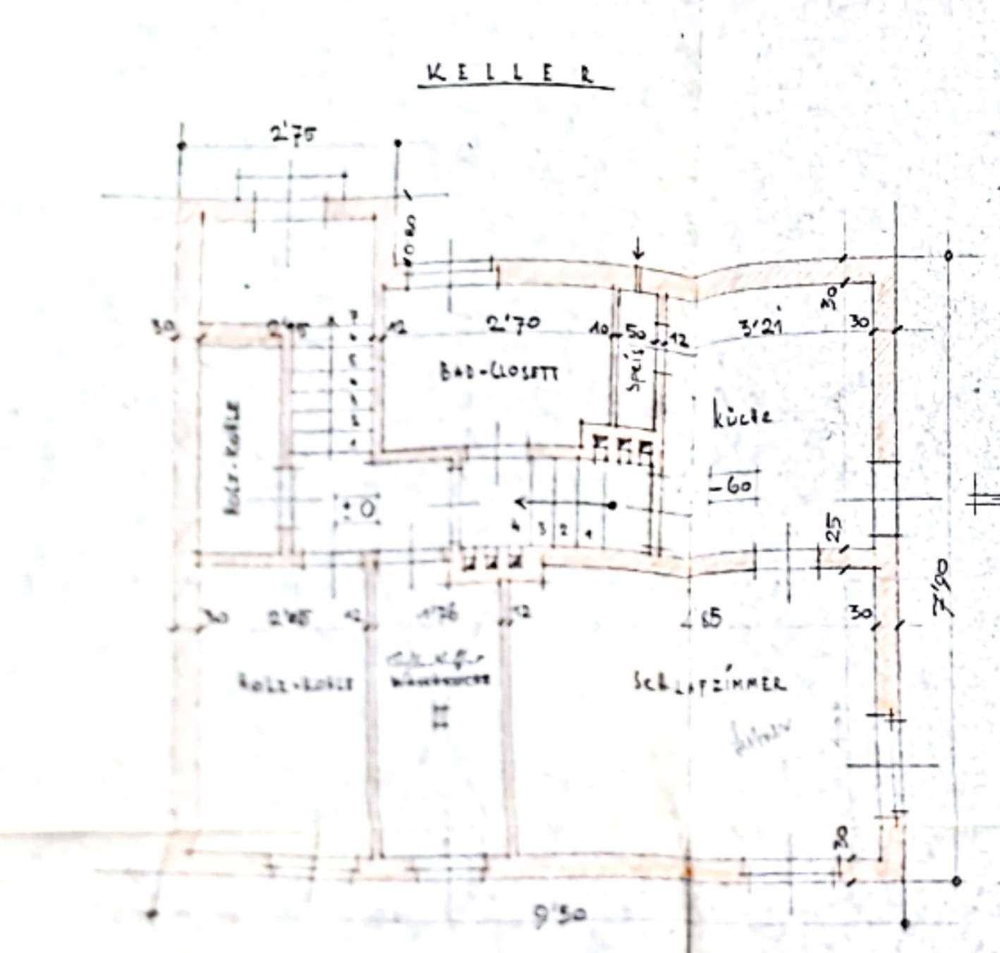 Handgezeichneter Grundriss des Kellers mit Maßen und Raumbezeichnungen.
