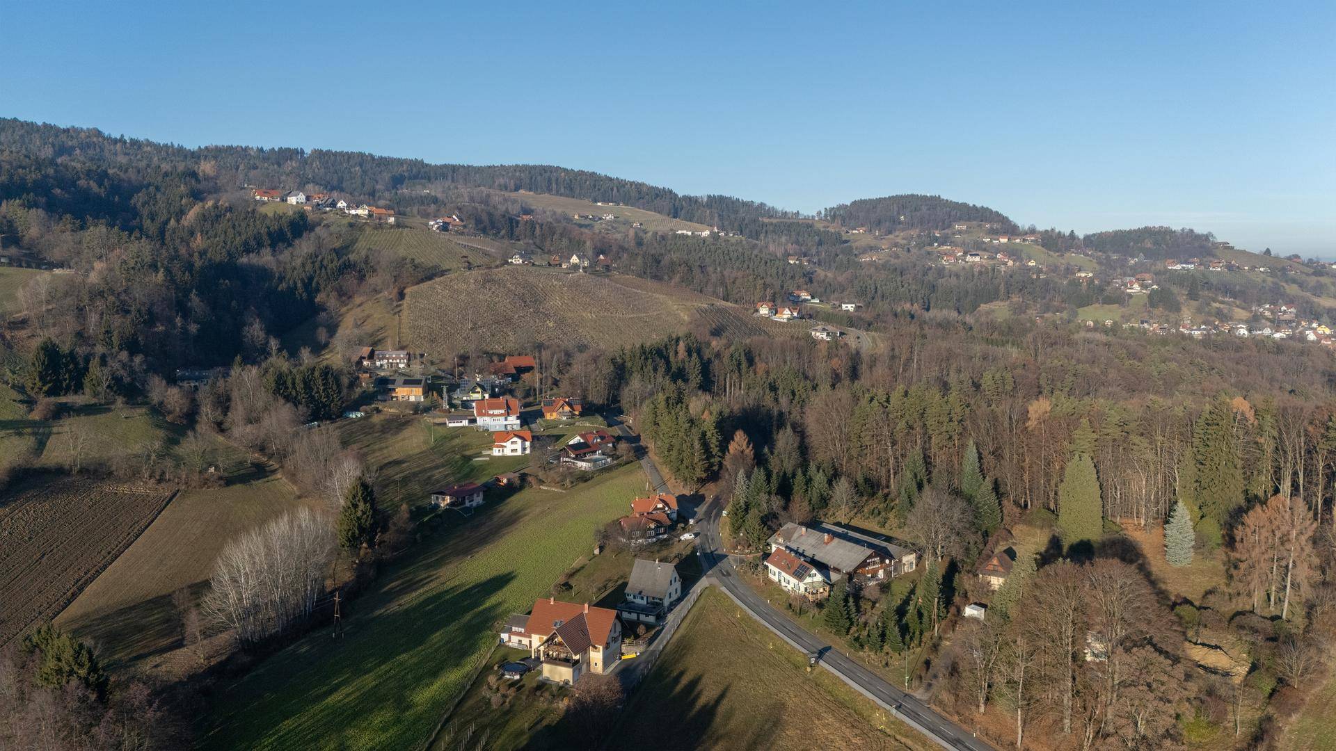 Luftaufnahme einer kurvenreichen Straße, die sich durch eine hügelige, bewaldete Landschaft mit einzelnen Häusern schlängelt.