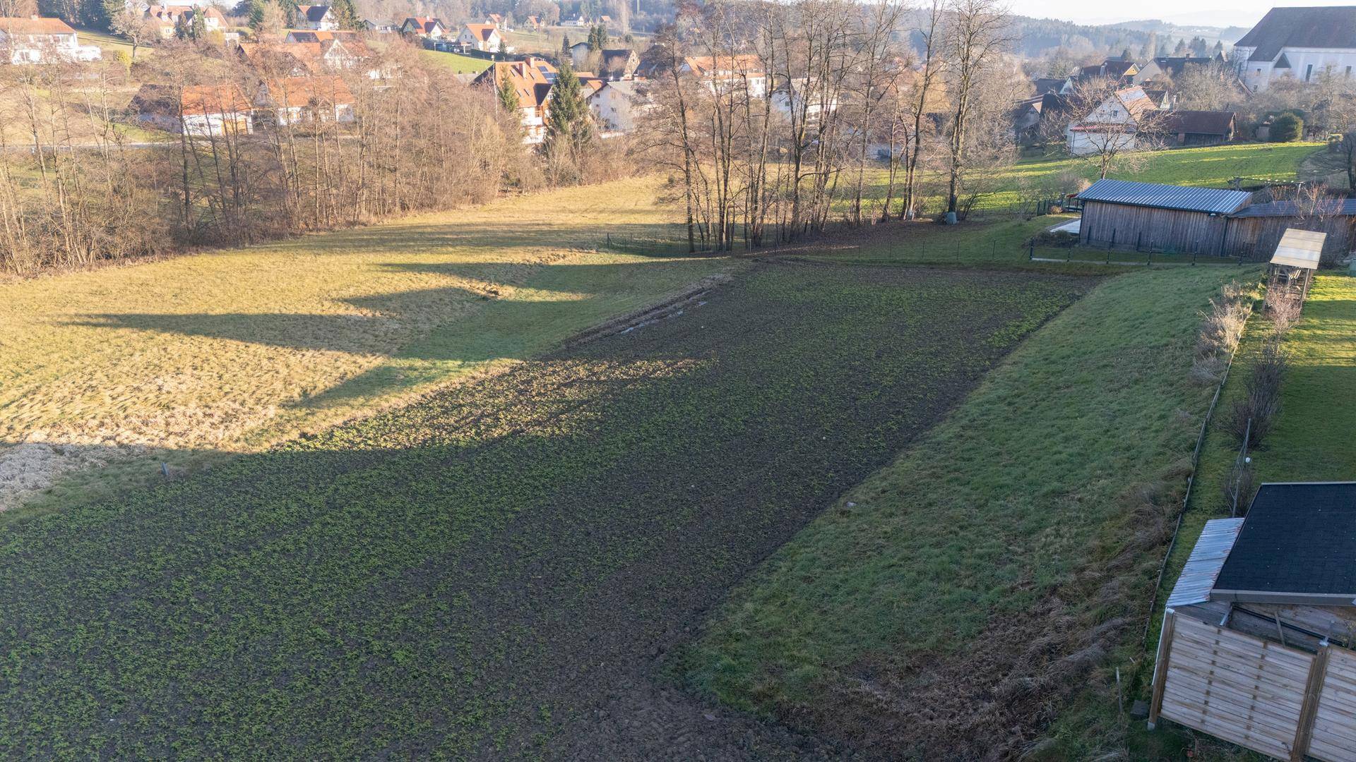 Weite Felder und Bäume im Vordergrund, mit einem Dorf und seiner Kirche in der Ferne, beleuchtet von der Sonne.