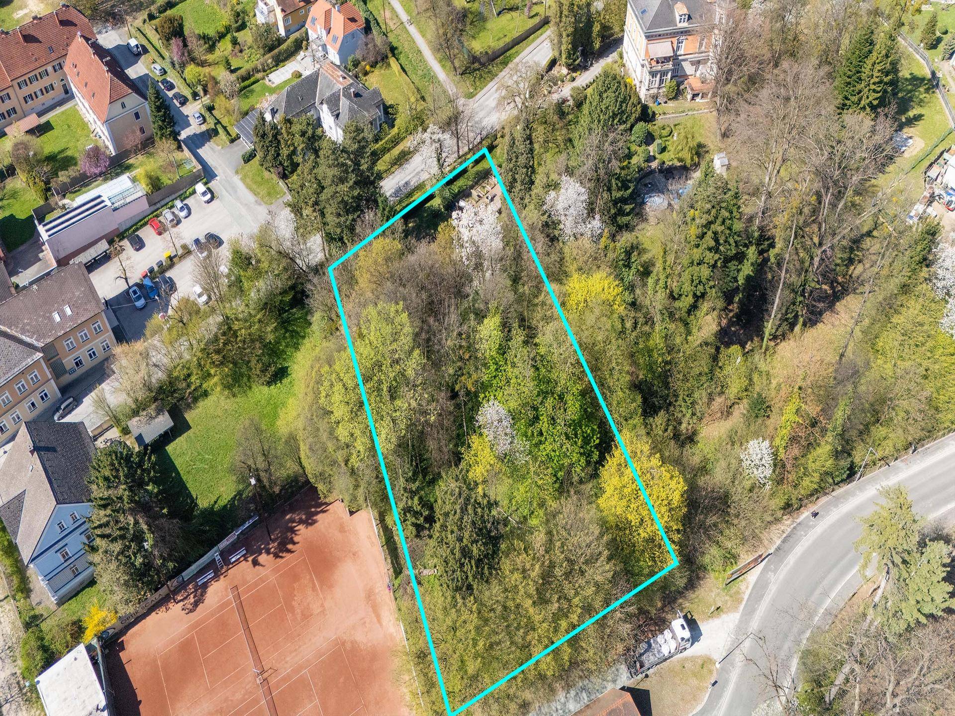 Übersicht aus der Vogelperspektive auf ein bewaldetes Grundstück, umgeben von Wohnbebauung und einer Straße.