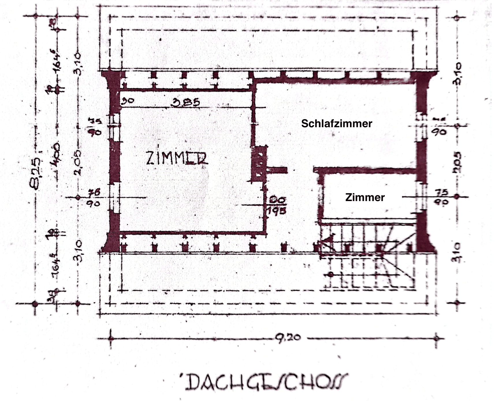 Grundriss des Dachgeschosses mit zwei Zimmern und Treppenaufgang.