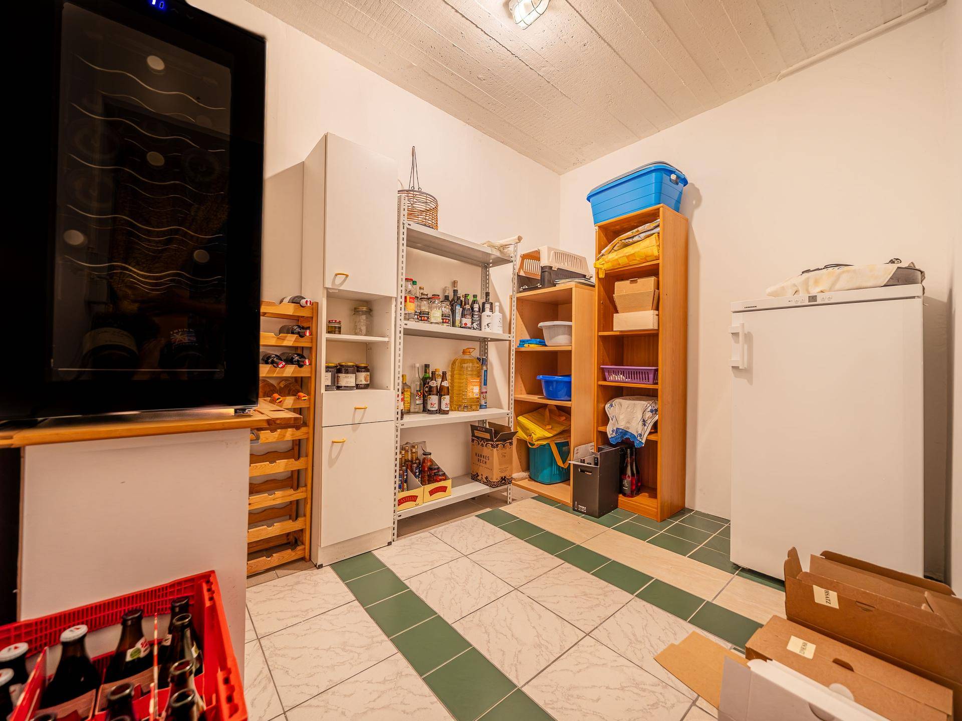 Abstellraum mit Regalen, Weinkühler und Gefrierschrank, bietet viel Stauraum.