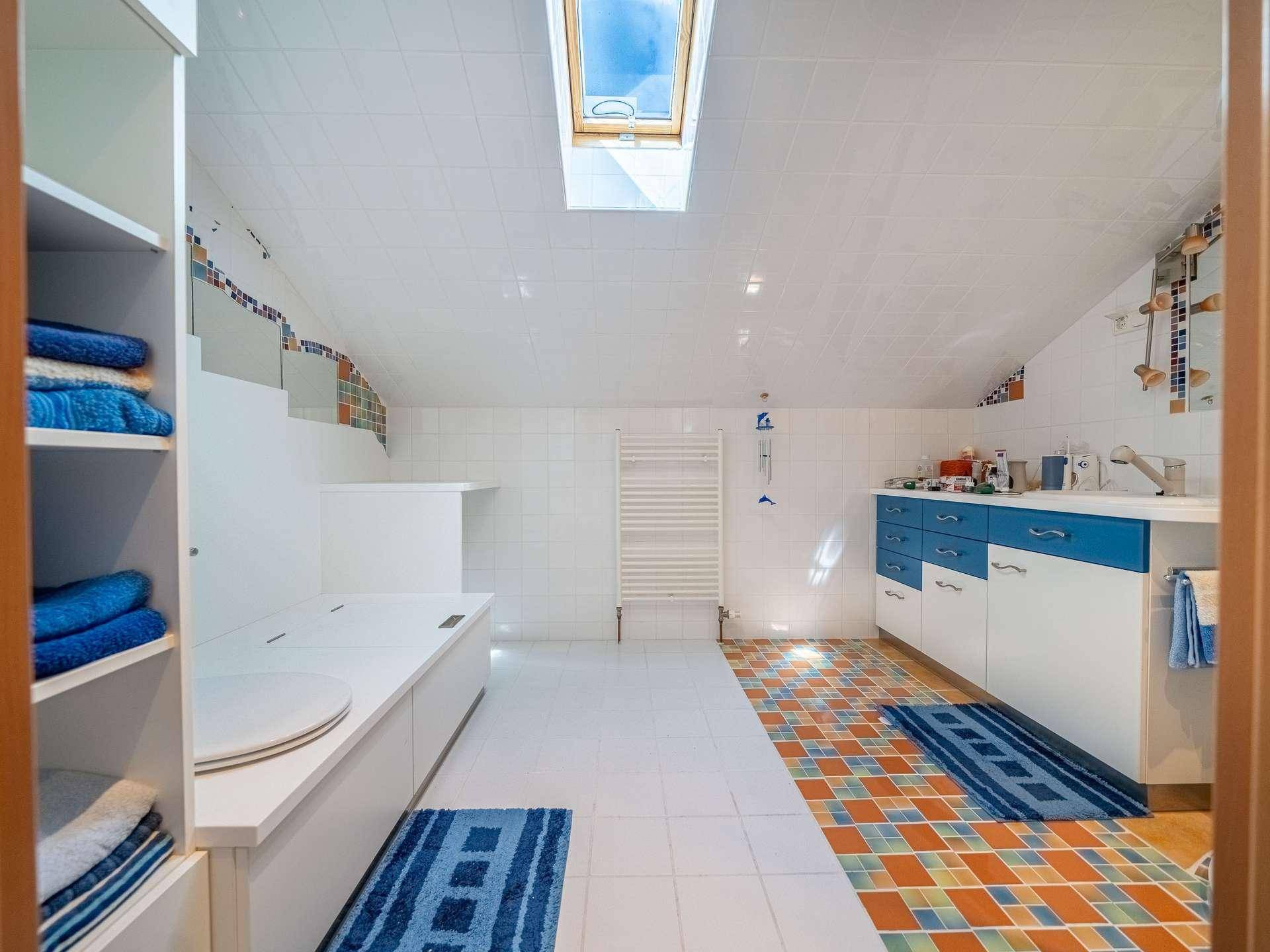 Helles Badezimmer mit Dachfenster, weißen Fliesen und blauen Akzenten, inklusive Handtuchheizkörper.