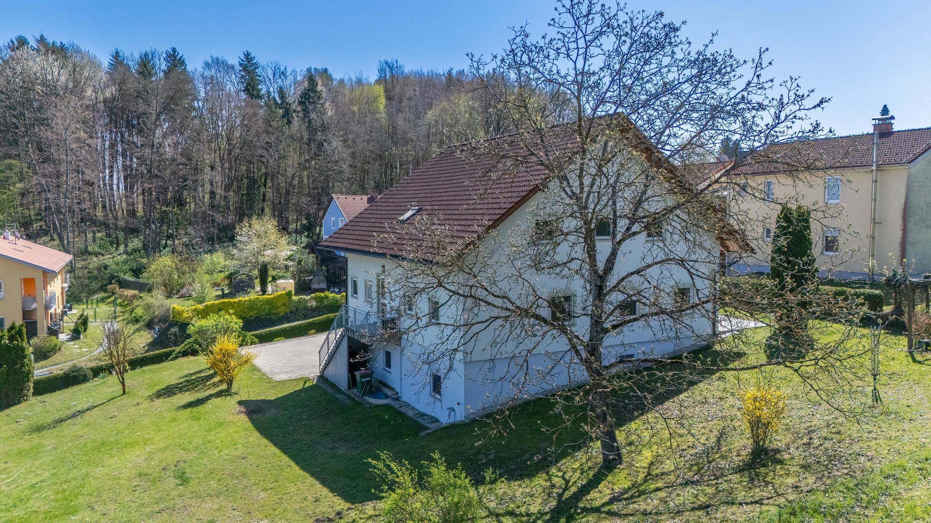 Das Haus von der Seite, umgeben von einem großen Baum und grünen Wiesen.