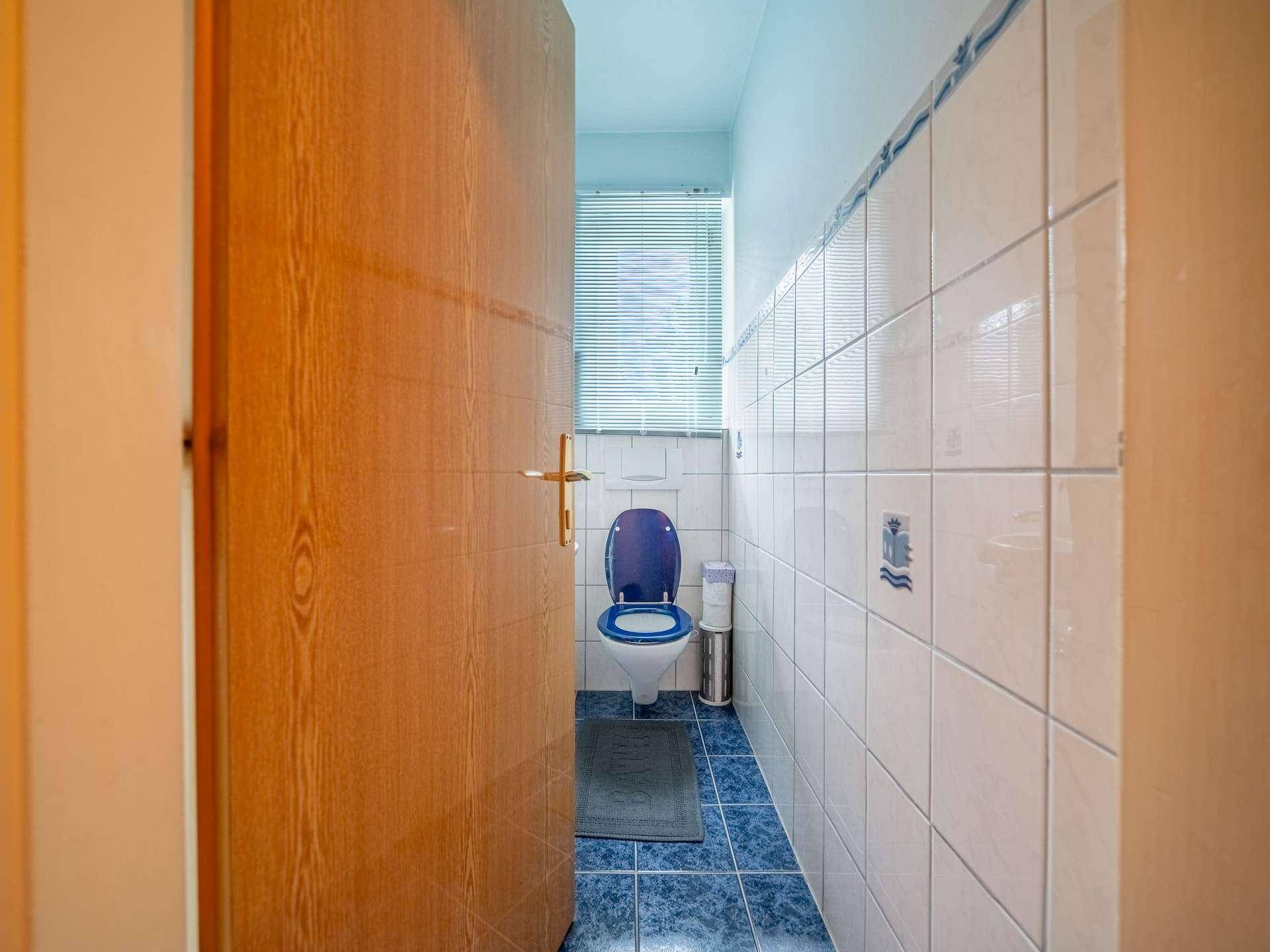 Separate Toilette mit blauen Fliesen, WC und Fenster.