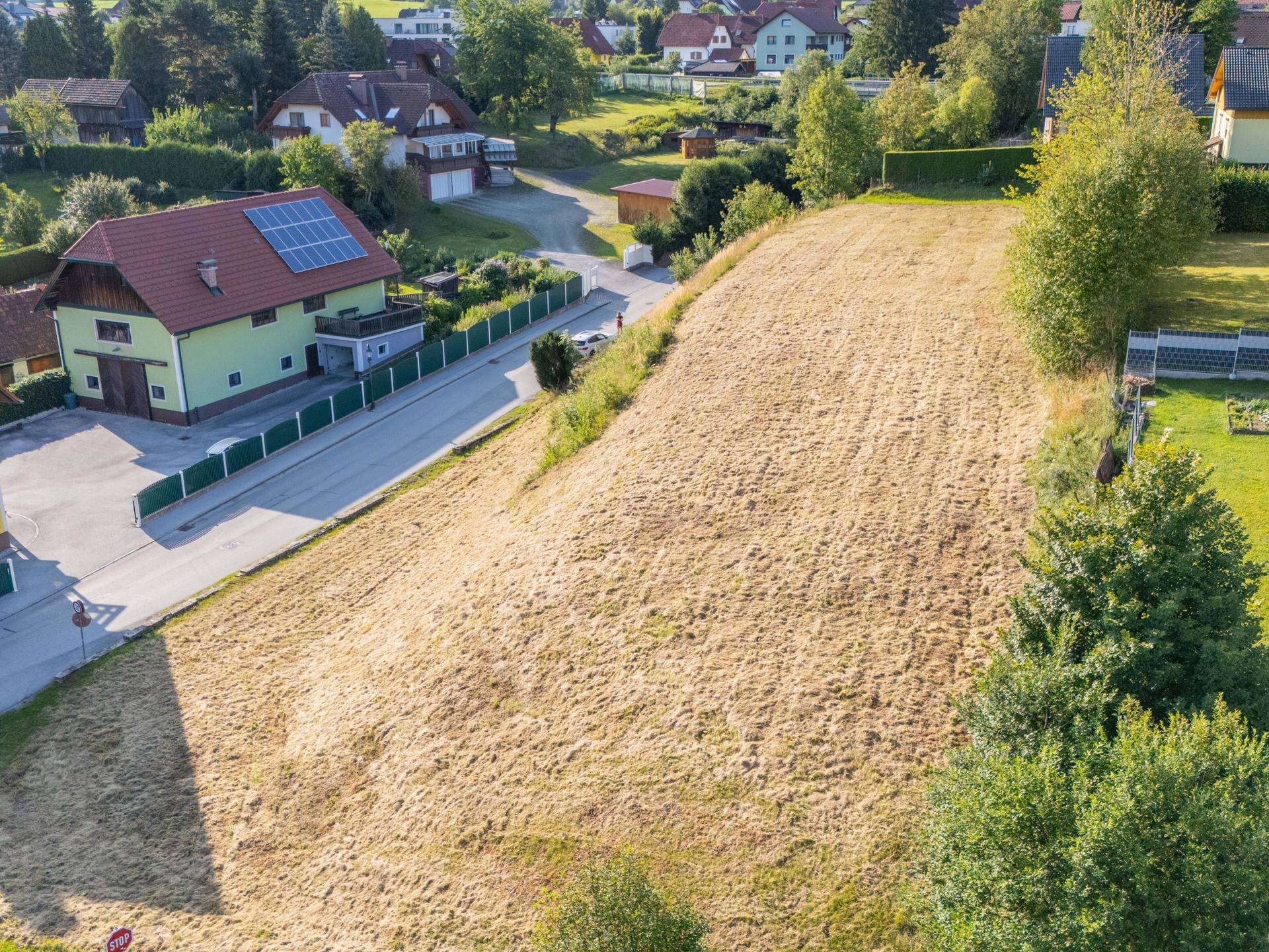 Großzügiges Baugrundstück am Hang mit angrenzender Straße und Blick auf die bewaldeten Hügel.