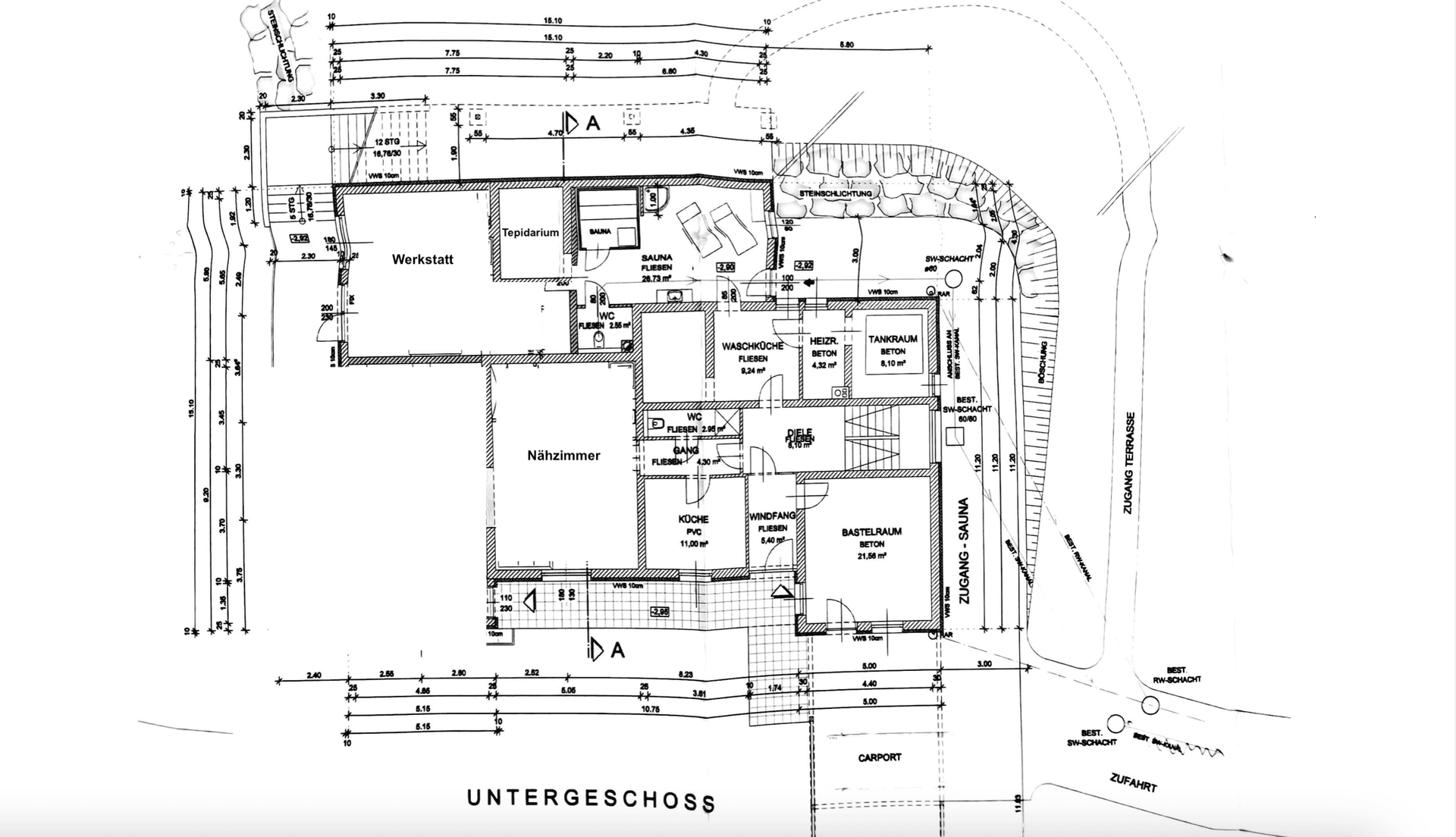 Grundriss des Untergeschosses mit Werkstatt, Nähzimmer, Bad, Sauna und Heizraum.