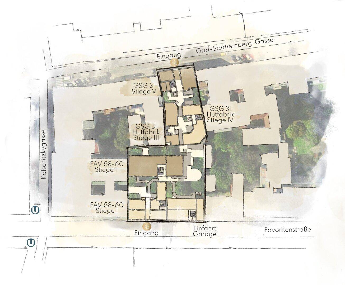 Übersichtsplan des Gebäudekomplexes mit Straßenzugängen, Garageneinfahrt und Innenhöfen.