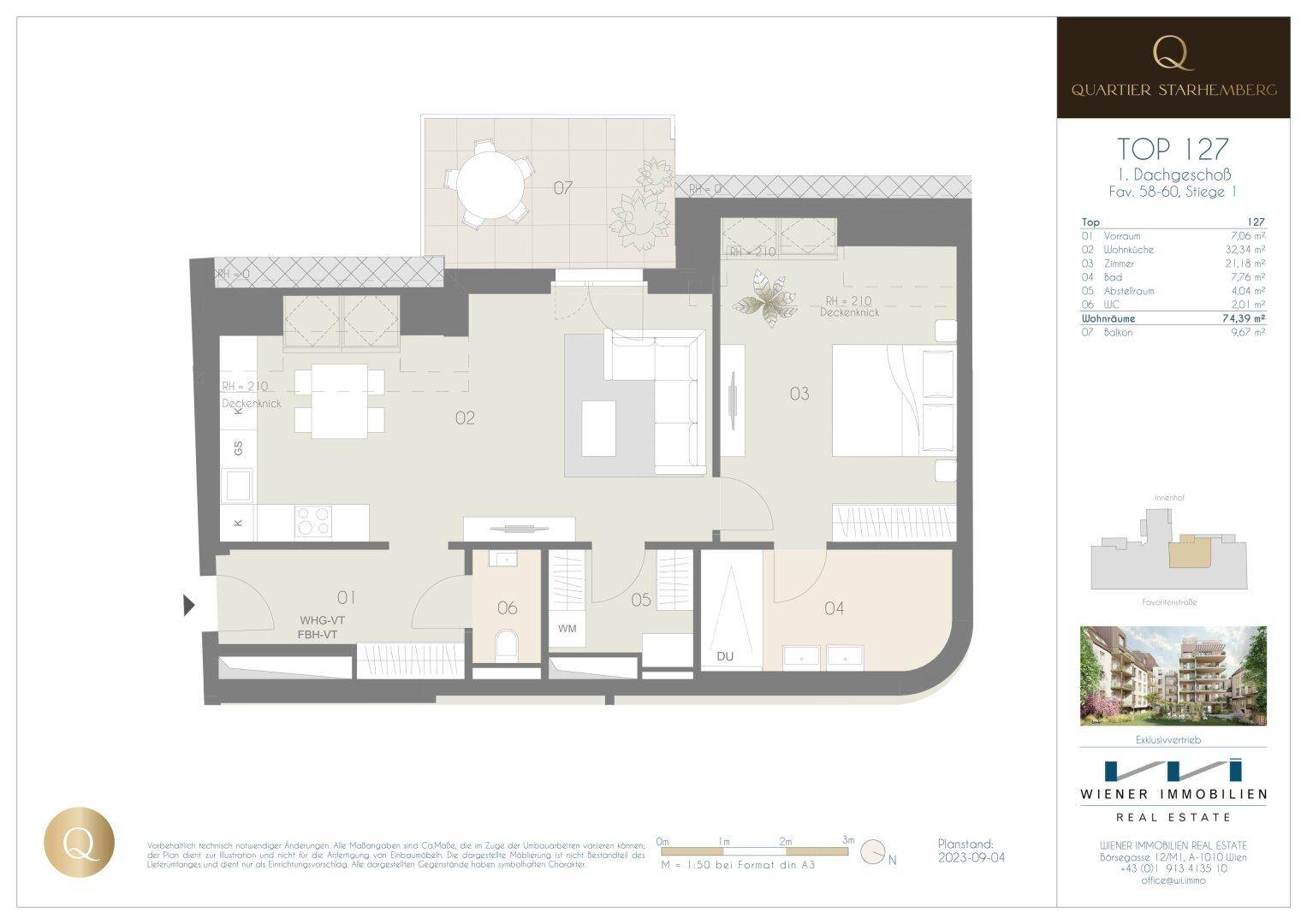 Grundriss einer Dachgeschosswohnung mit einem Schlafzimmer, offenem Wohnbereich und großer Terrasse.