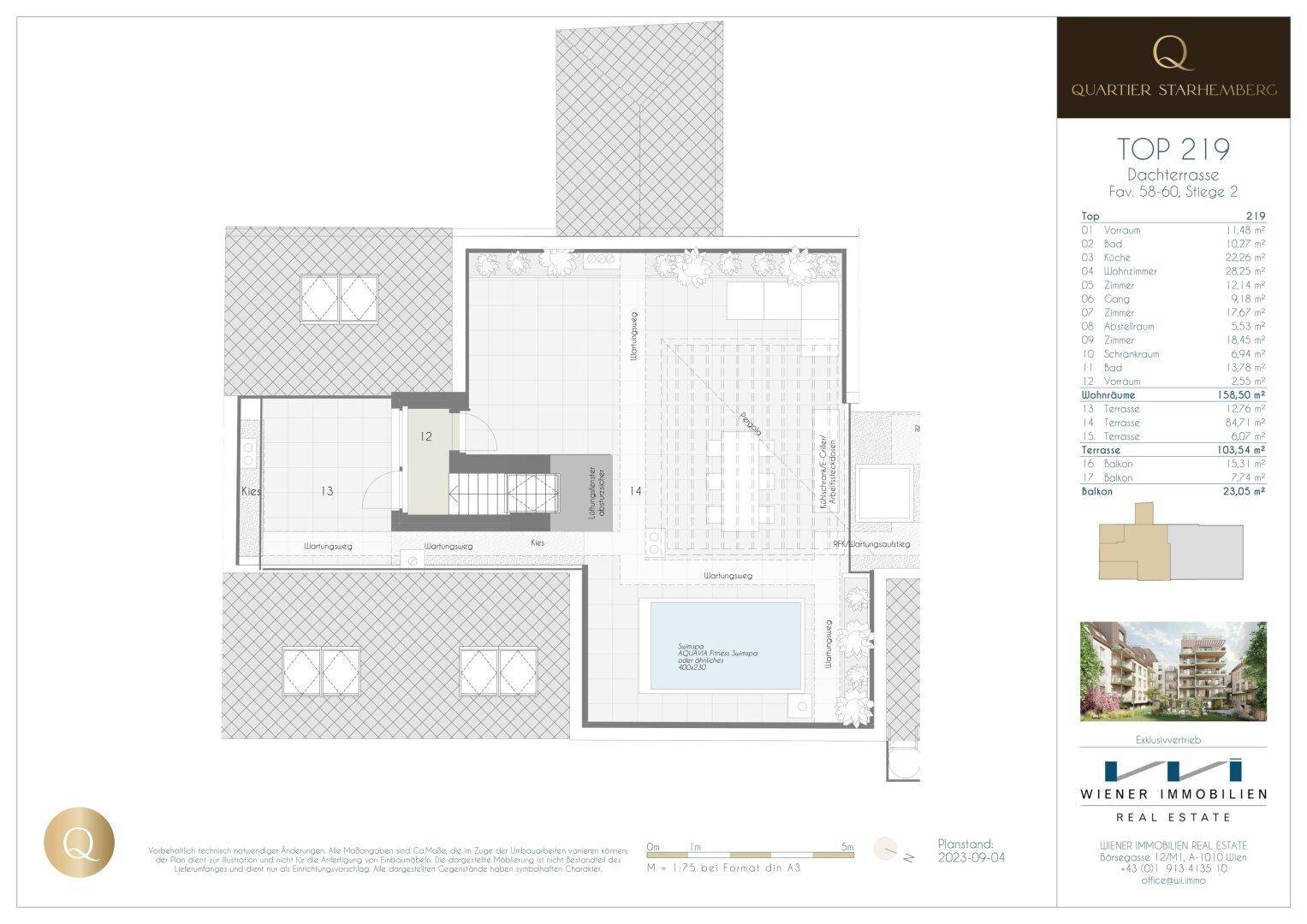 Grundriss der Dachterrasse mit großem Pool, weitläufigen Außenbereichen und Sitzgelegenheiten.