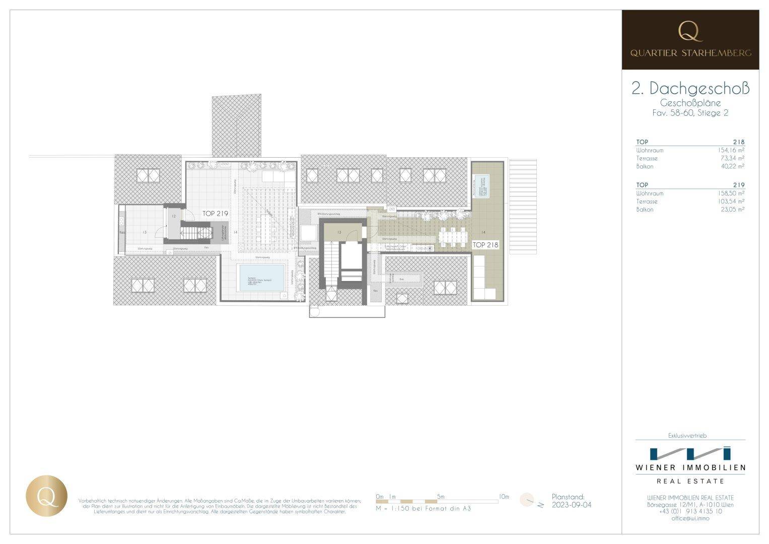 Übersichtsgrundriss des zweiten Dachgeschosses mit Dachterrassen, Pool und weiteren Außenbereichen.