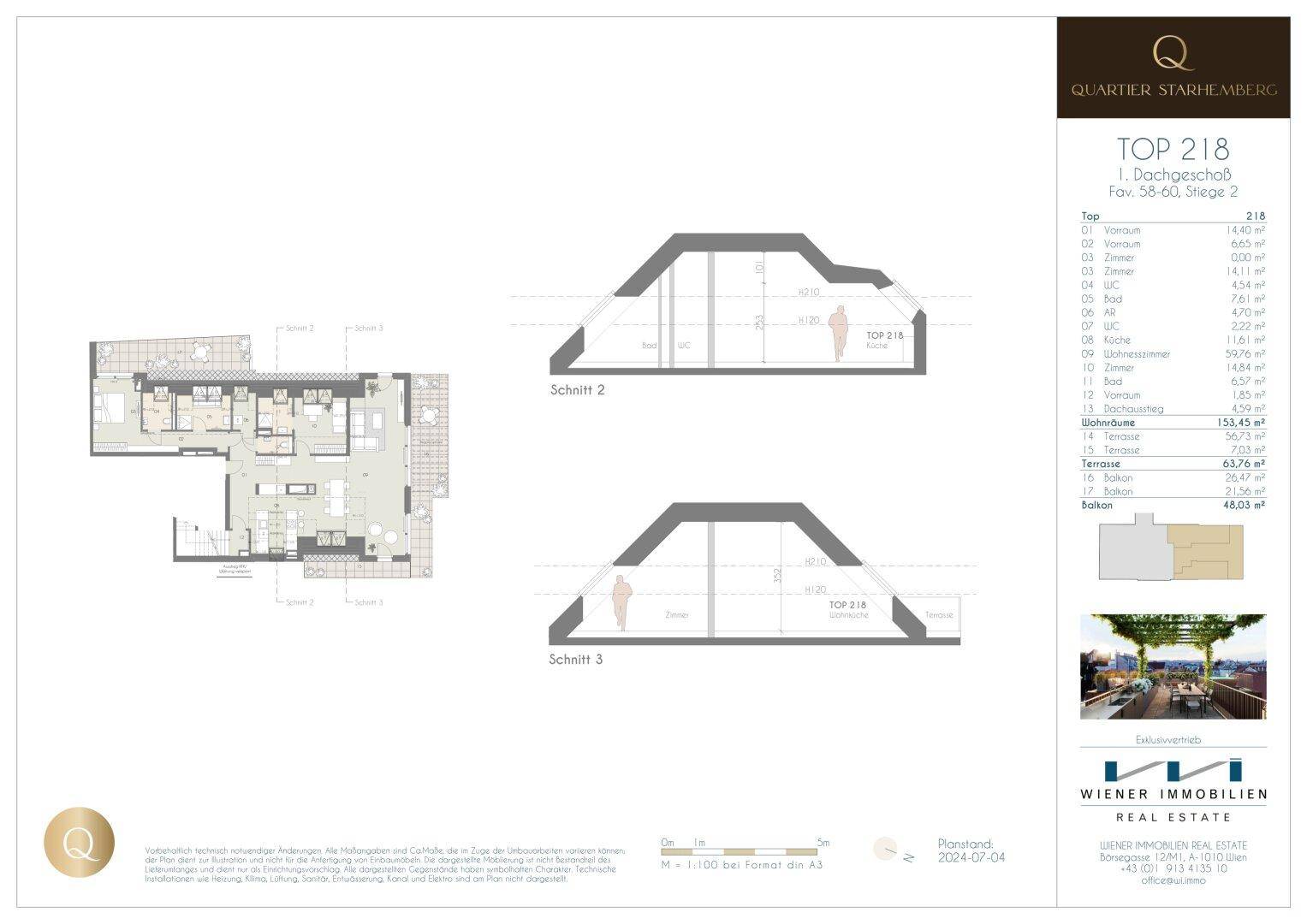 Grundriss der Wohnung mit architektonischen Schnitten, die die Dachschrägen zeigen.