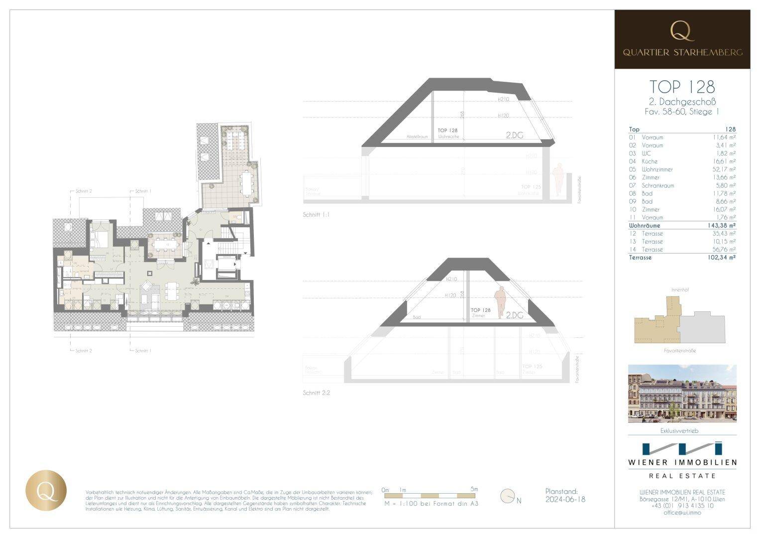 Grundriss und architektonische Schnitte einer Dachgeschosswohnung mit sichtbarer Dachschräge.