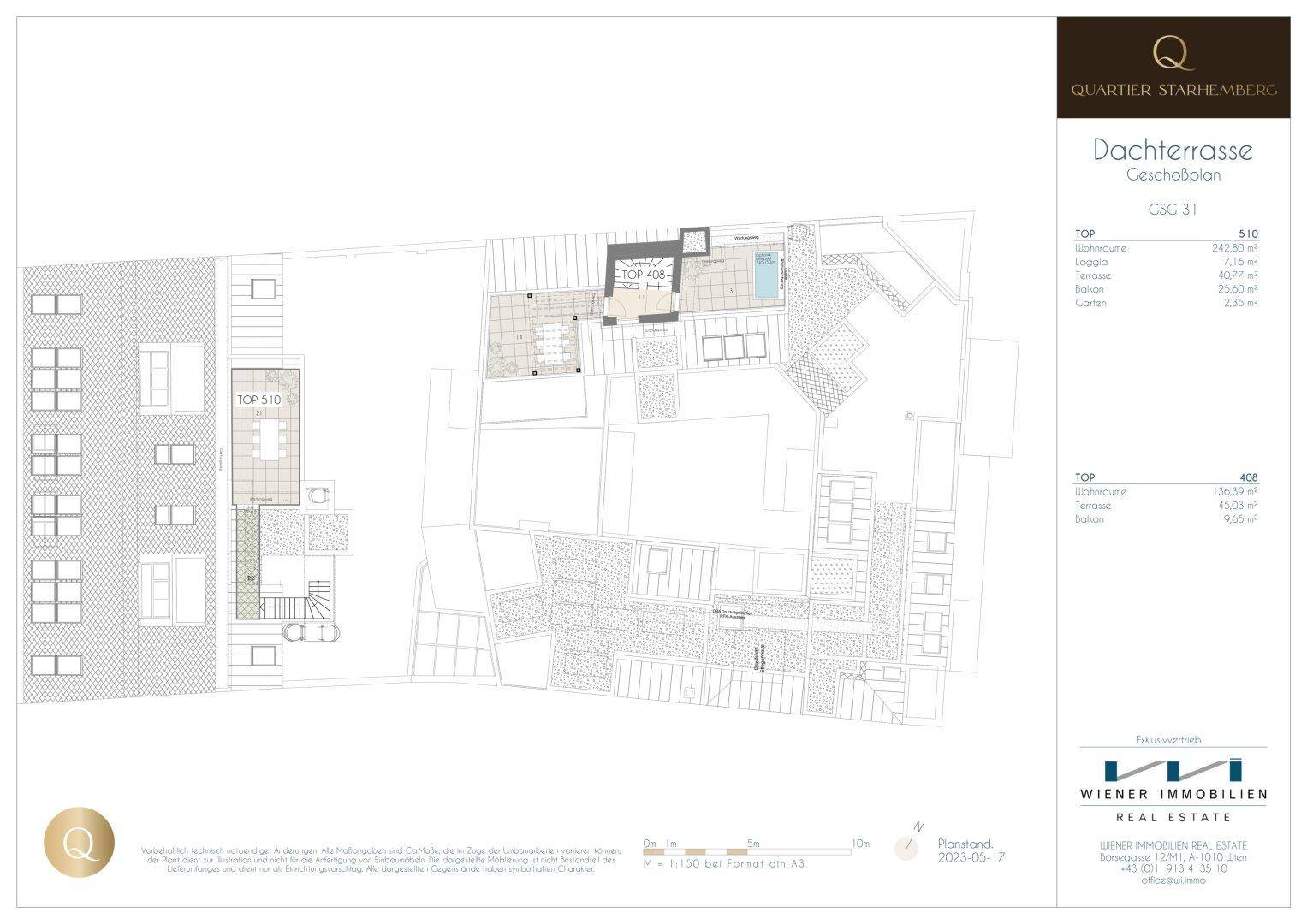 Grundrissplan mit Fokus auf die Dachterrasse und die angrenzenden Wohnbereiche der Einheiten.