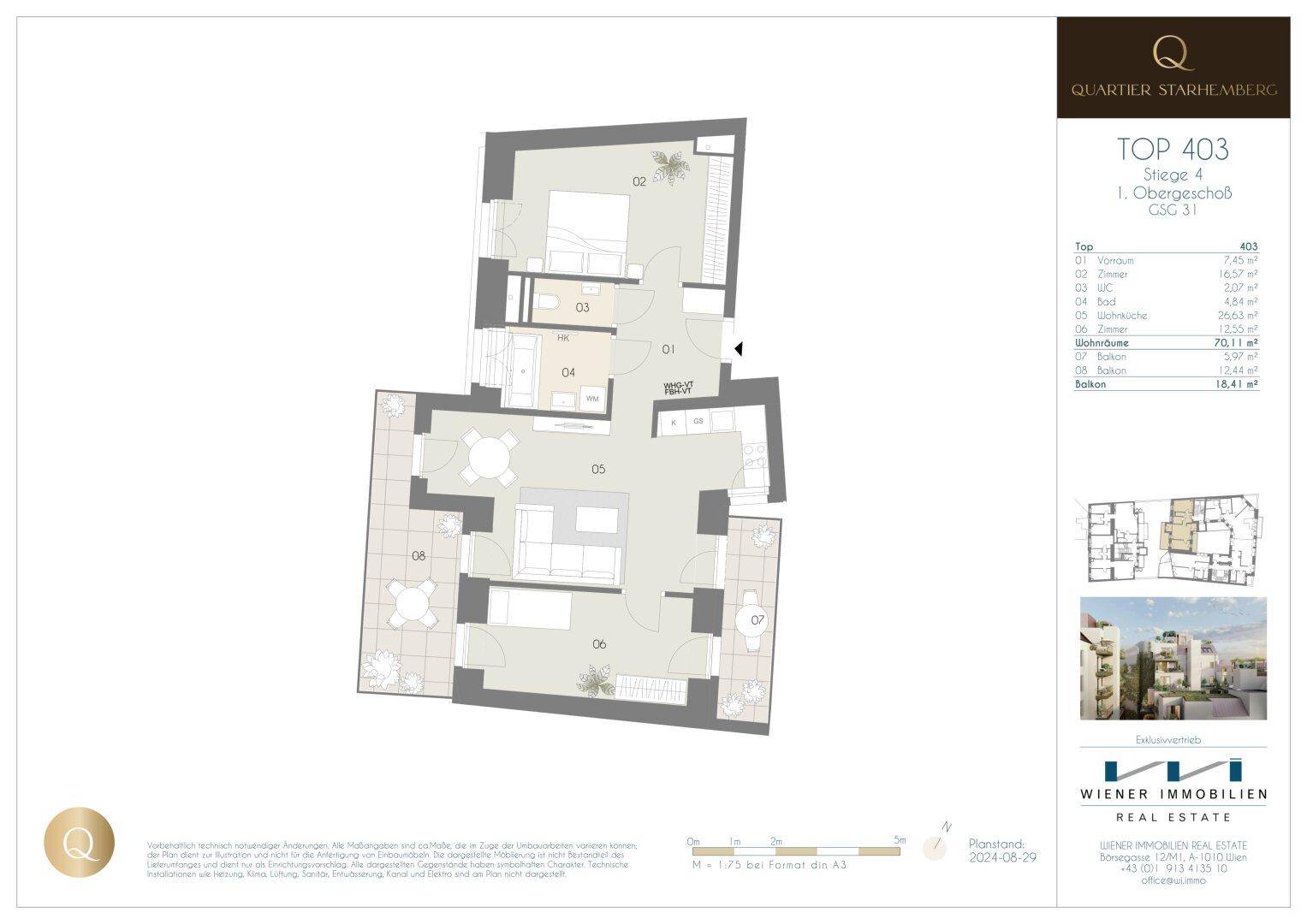 Detaillierter Grundriss einer modernen Wohnung mit offenem Wohn-Essbereich, zwei Schlafzimmern und zwei Balkonen.