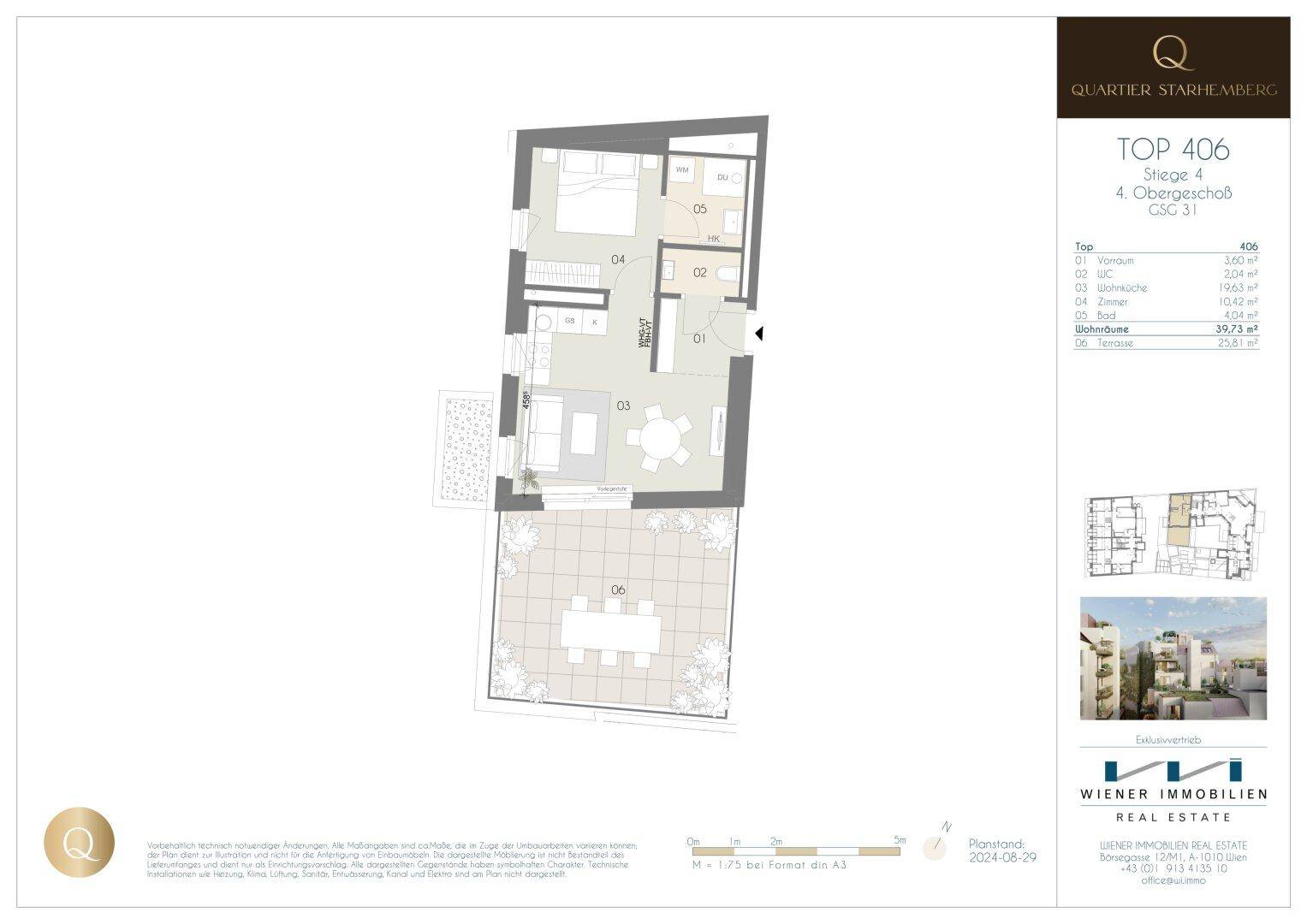 Grundriss einer Wohnung mit Schlafzimmer, offenem Wohn-Essbereich, Küche, Bad und einer großzügigen Terrasse.