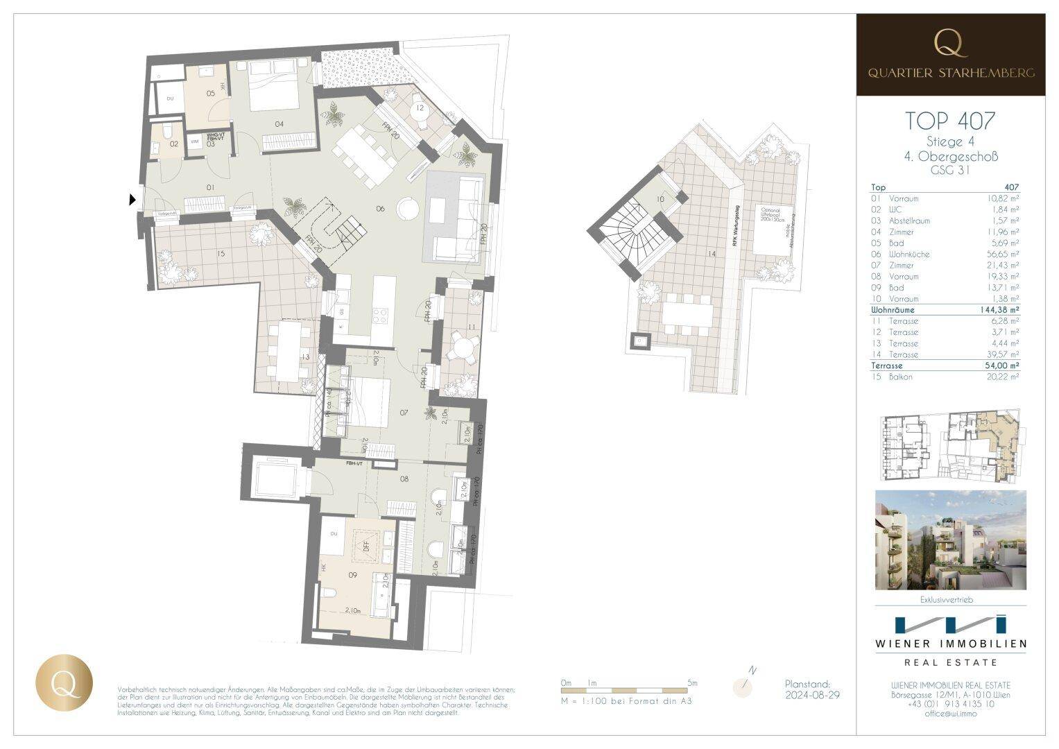 Detaillierter Grundriss einer großzügigen Wohnung mit offenem Wohnbereich, mehreren Schlafzimmern und weitläufigen Terrassen.