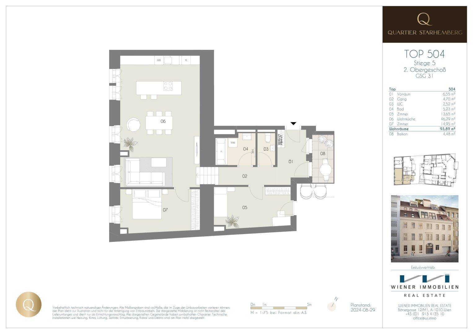 Detaillierter Grundriss einer Wohnung im zweiten Obergeschoss mit Balkon und offenem Wohnbereich.