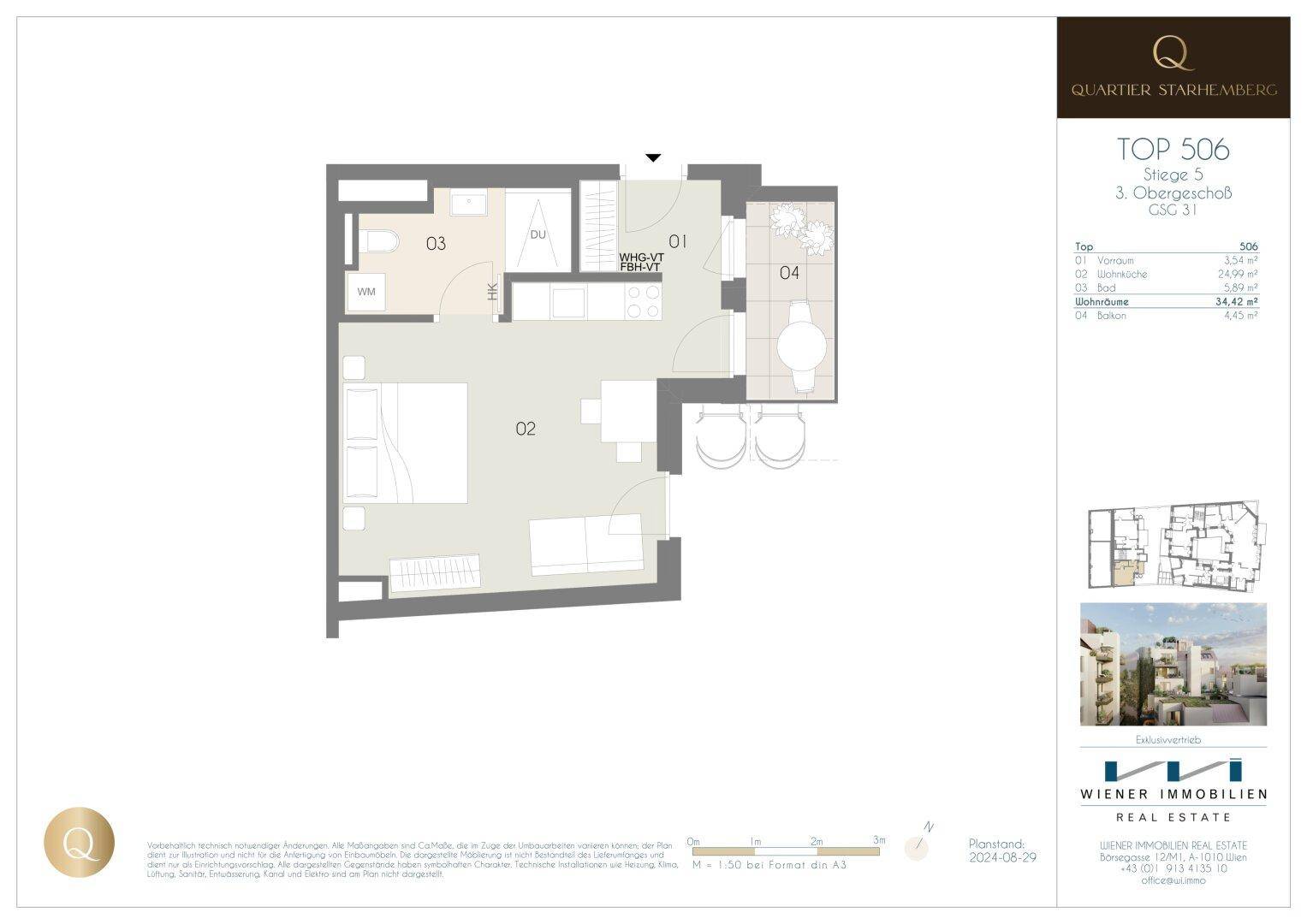 Grundriss einer Wohnung im dritten Obergeschoss mit Balkon und offenem Wohnbereich.