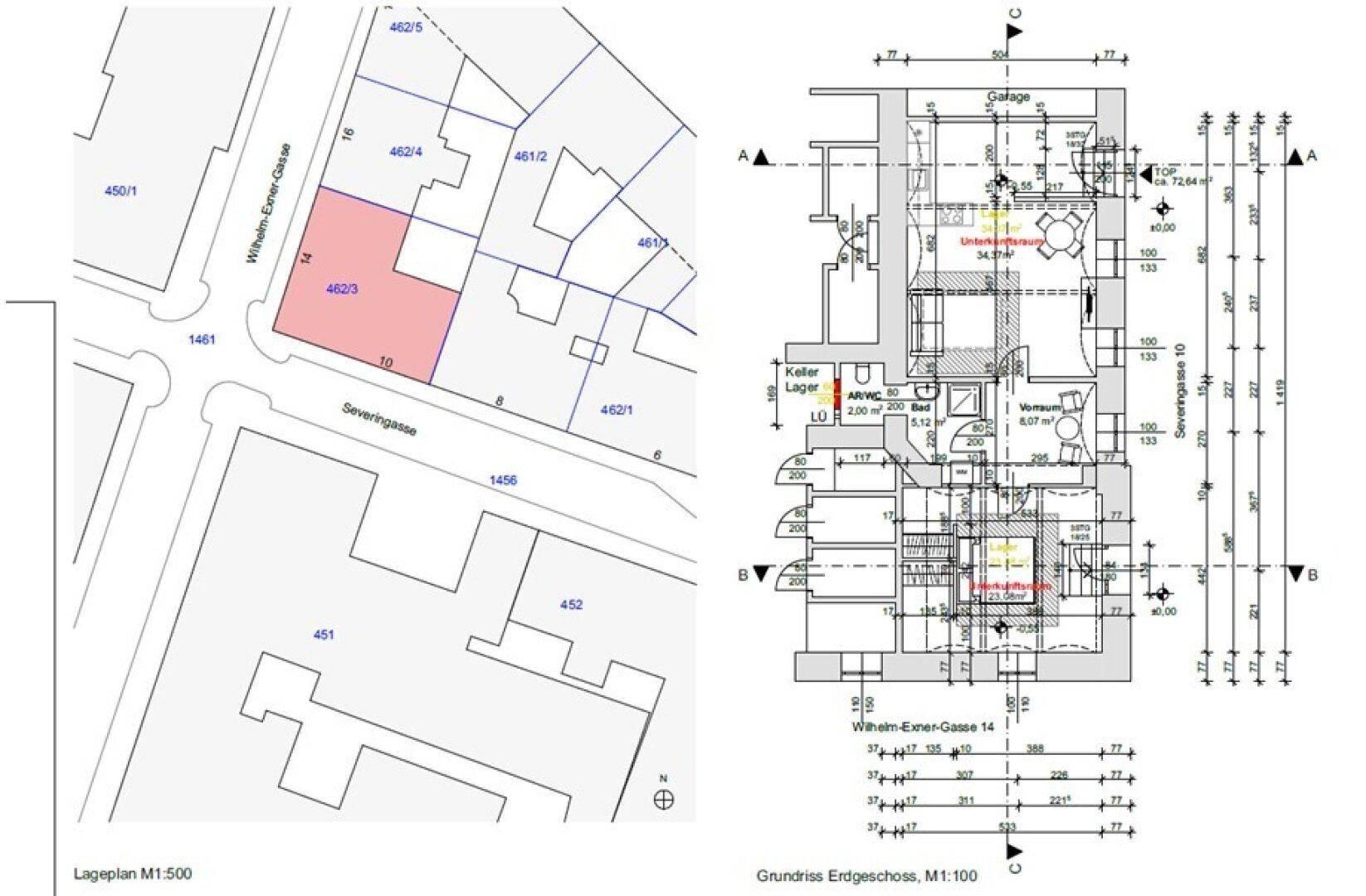 Lageplan und Grundriss des Erdgeschosses mit detaillierten Abmessungen und Raumaufteilung.