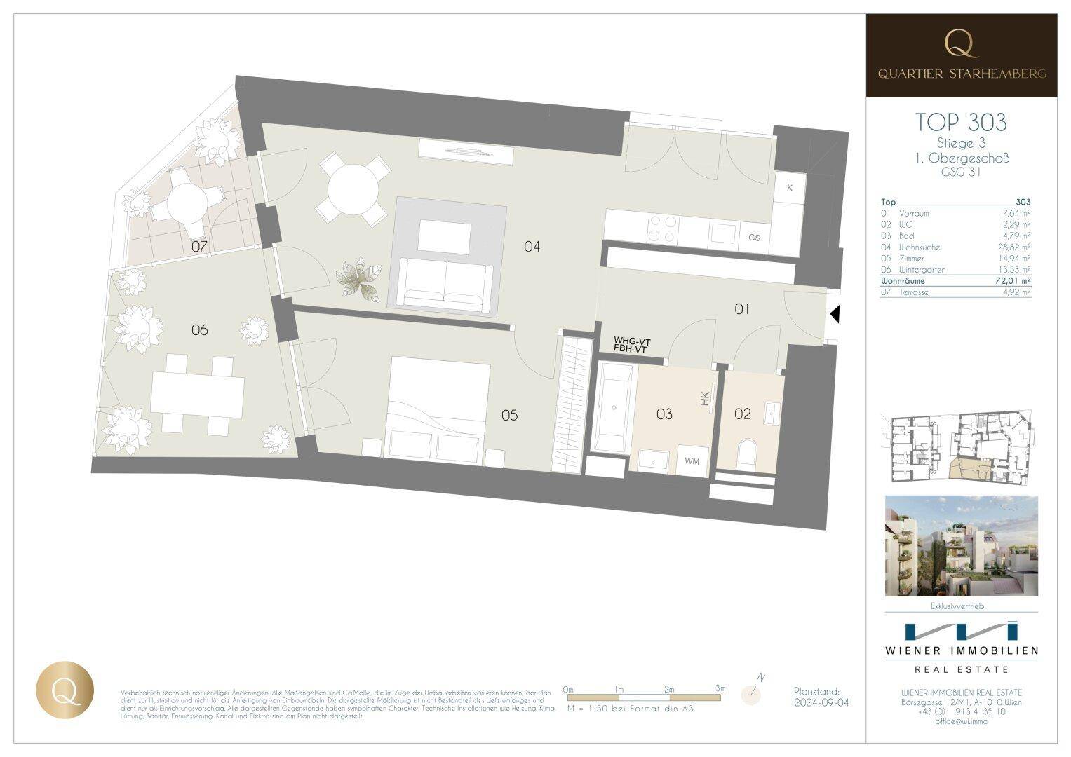 Grundriss einer Wohnung mit offenem Wohnbereich, einem Schlafzimmer und zwei Terrassen.