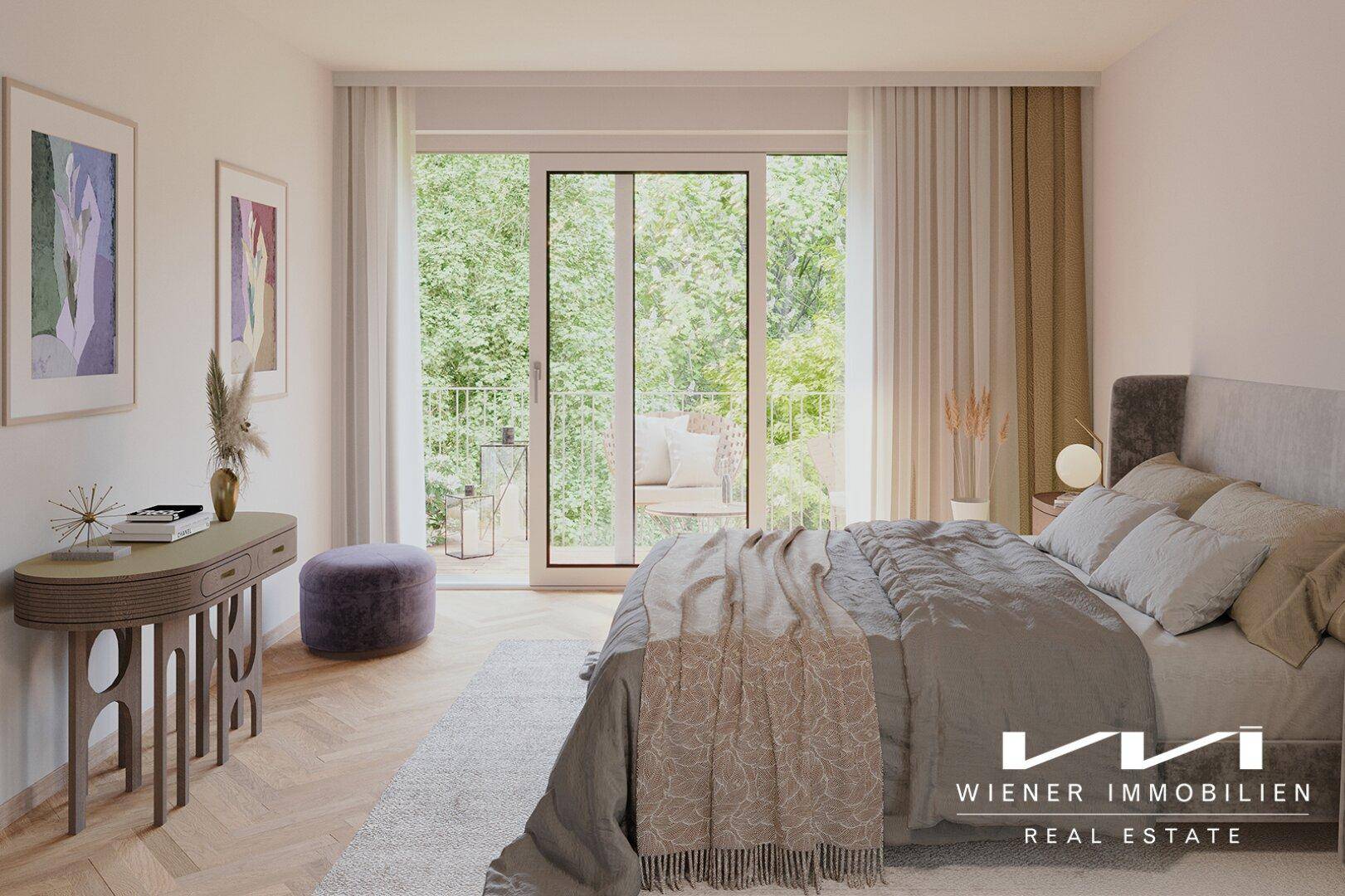 Gemütliches Schlafzimmer mit Zugang zum Balkon und Blick ins Grüne.