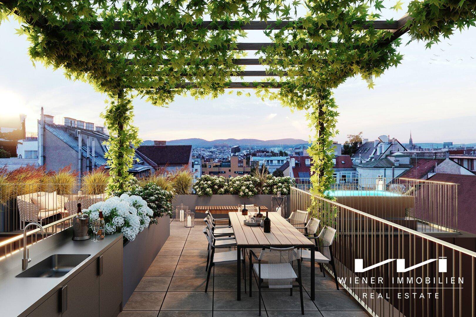 Geräumige Dachterrasse mit Pergola, Essbereich und weitem Stadtblick.