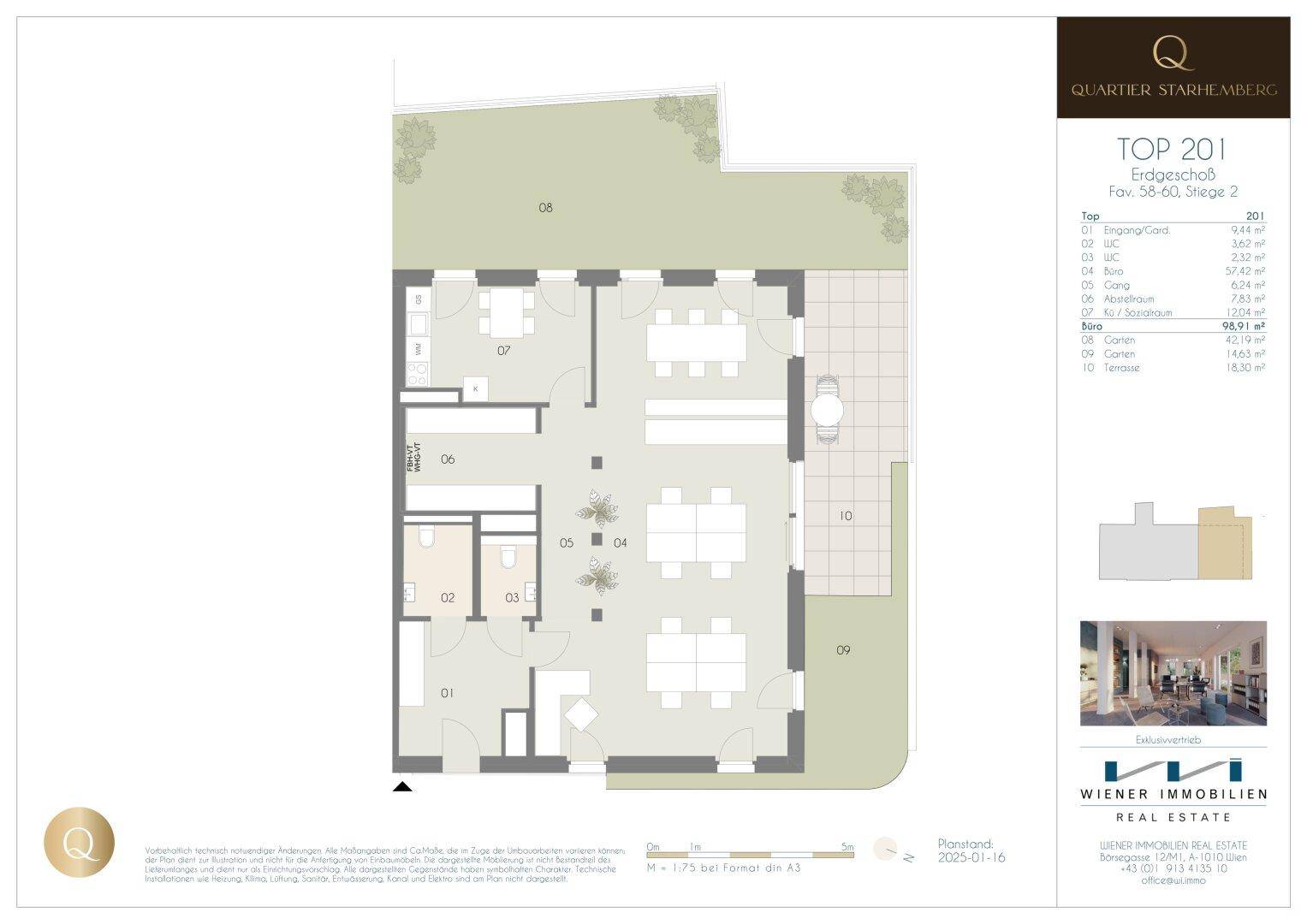 Grundriss des Erdgeschosses Top 201 mit Garten und Terrasse.