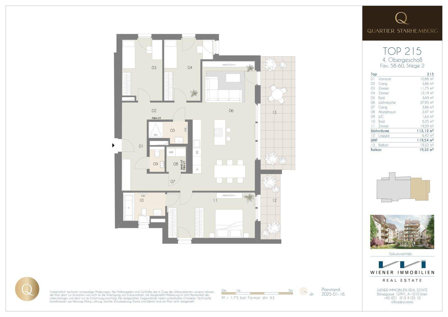 Dieser Grundriss zeigt eine moderne Wohnung mit offenem Wohnbereich, drei Schlafzimmern, zwei Bädern und Zugang zu Loggia und Balkon.