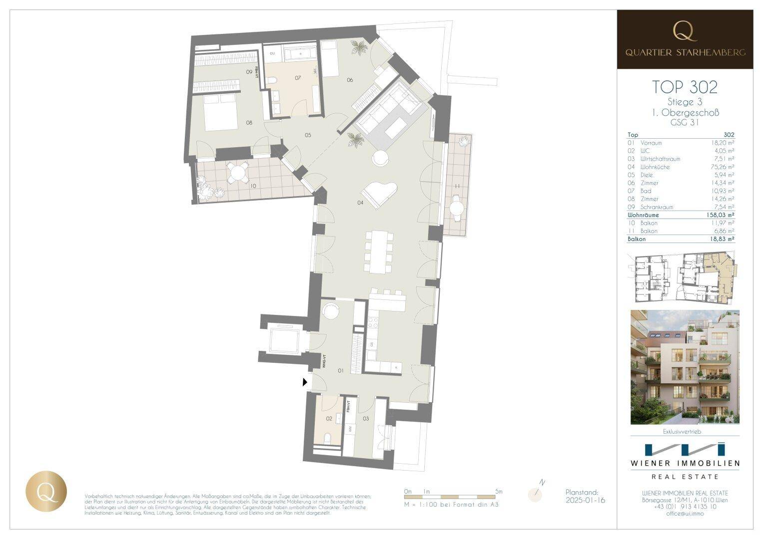 Großzügiger Grundriss mit offenem Wohn-Essbereich, integrierter Küche, mehreren Schlafzimmern und zwei Balkonen.