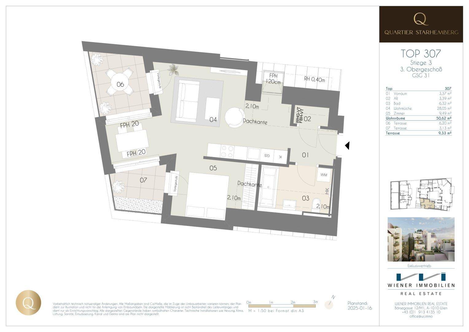 Grundriss der Wohnung TOP 307 im 3. Obergeschoss mit offenem Wohnbereich und zwei Terrassen.