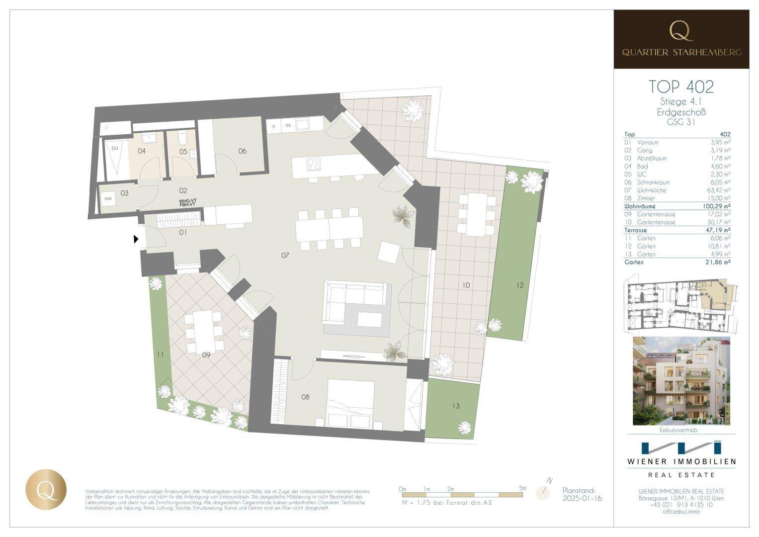 Detaillierter Grundriss einer Erdgeschosswohnung mit offenem Wohnbereich, mehreren Schlafzimmern und großzügigen Terrassen sowie Gartenflächen.