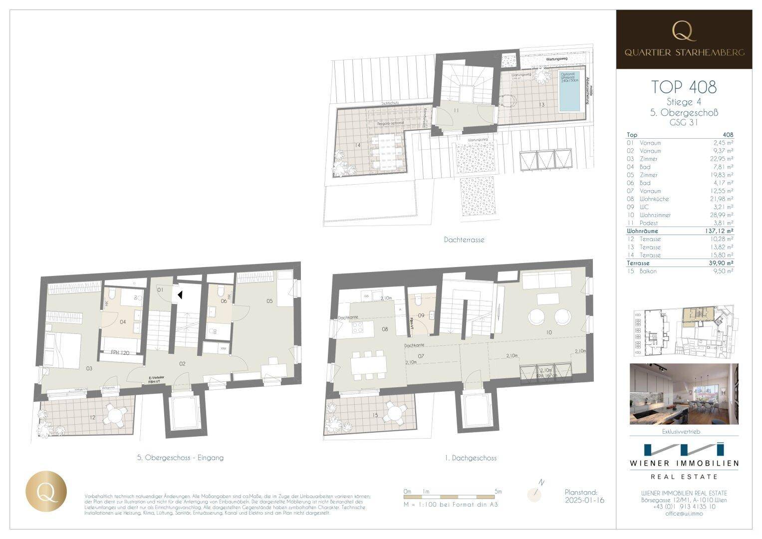 Mehrstöckiger Grundriss mit großzügigen Terrassen, offenem Wohnbereich und privatem Pool auf der Dachterrasse.