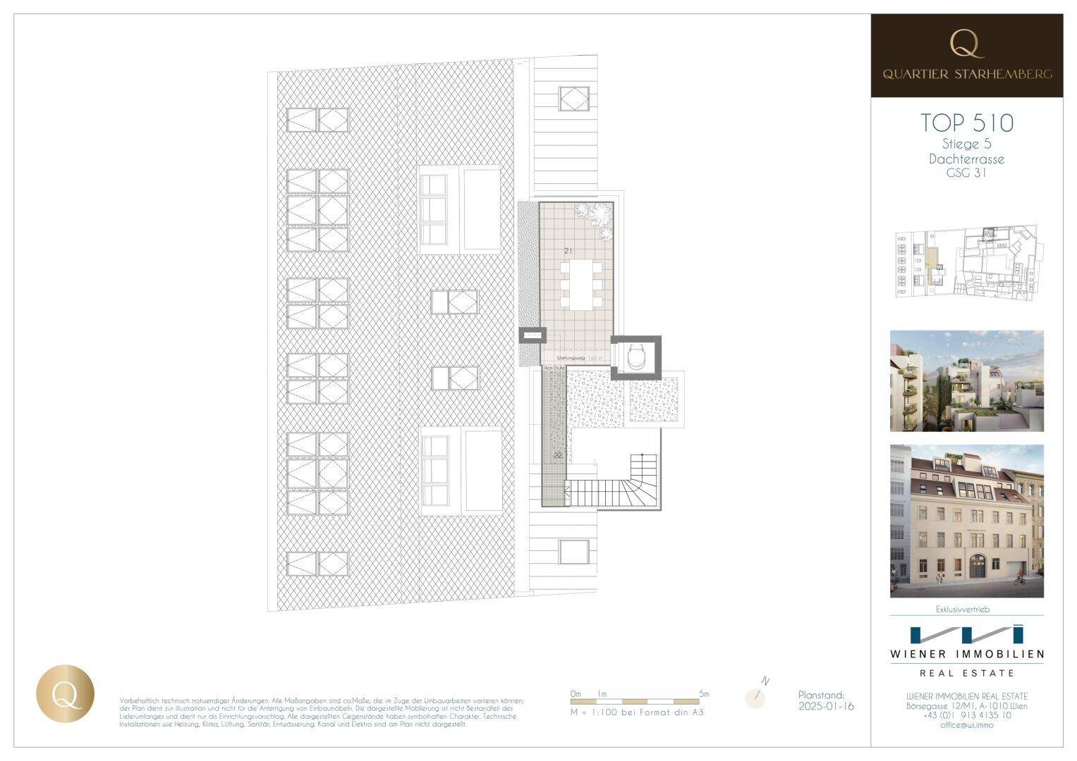 Grundriss der Dachterrasse mit Essbereich und Zugang zu einem weiteren Raum.