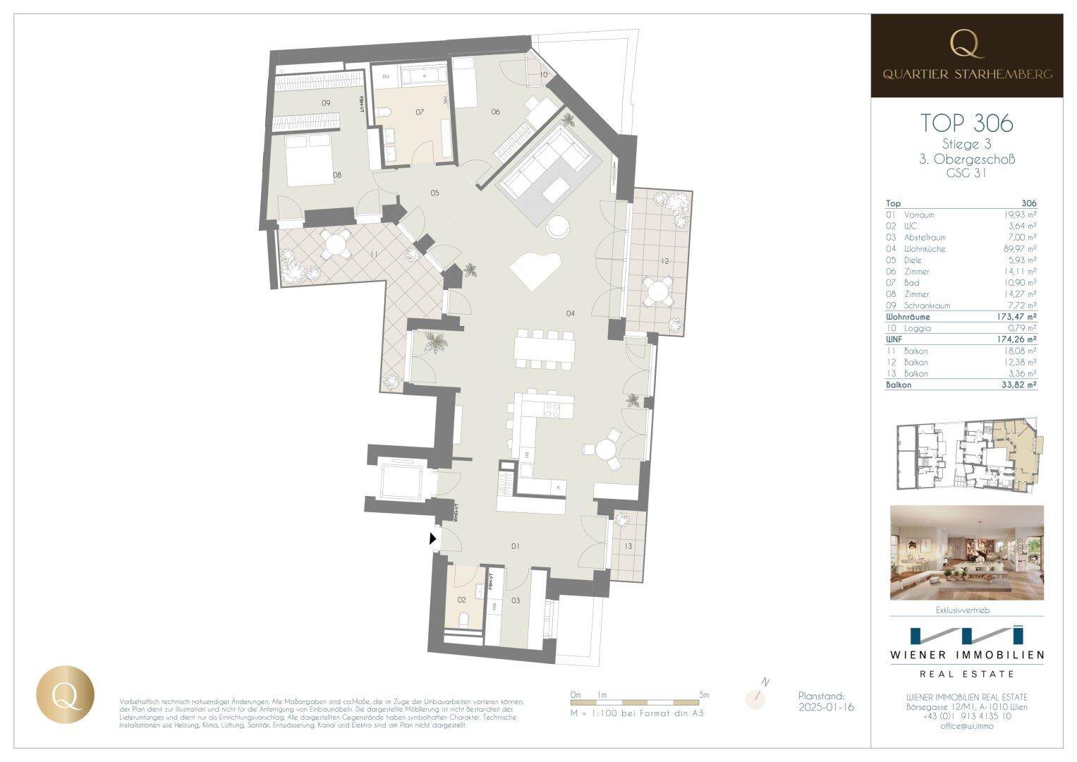 Großzügiger Grundriss mit offenem Wohn-Essbereich, integrierter Küche, mehreren Balkonen und separatem Gäste-WC.