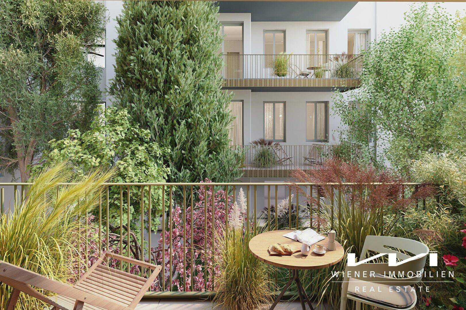 Einladender Balkon mit üppiger Bepflanzung, gemütlichen Sitzgelegenheiten und Blick auf die moderne Fassade.